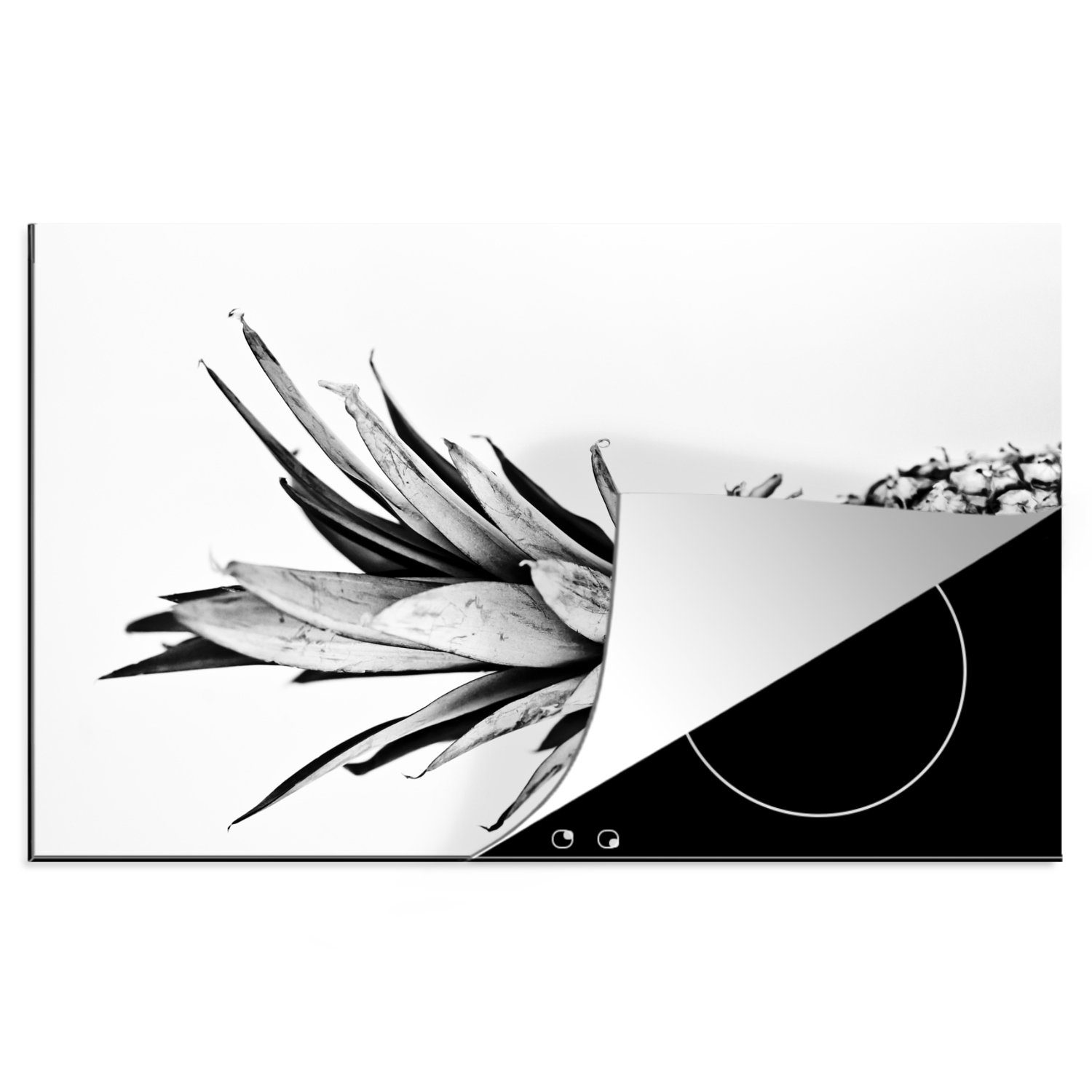 MuchoWow Herdblende-/Abdeckplatte Ananas - Obst - Schwarz - Weiß, Vinyl, (1 tlg), 81x52 cm, Induktionskochfeld Schutz für die küche, Ceranfeldabdeckung