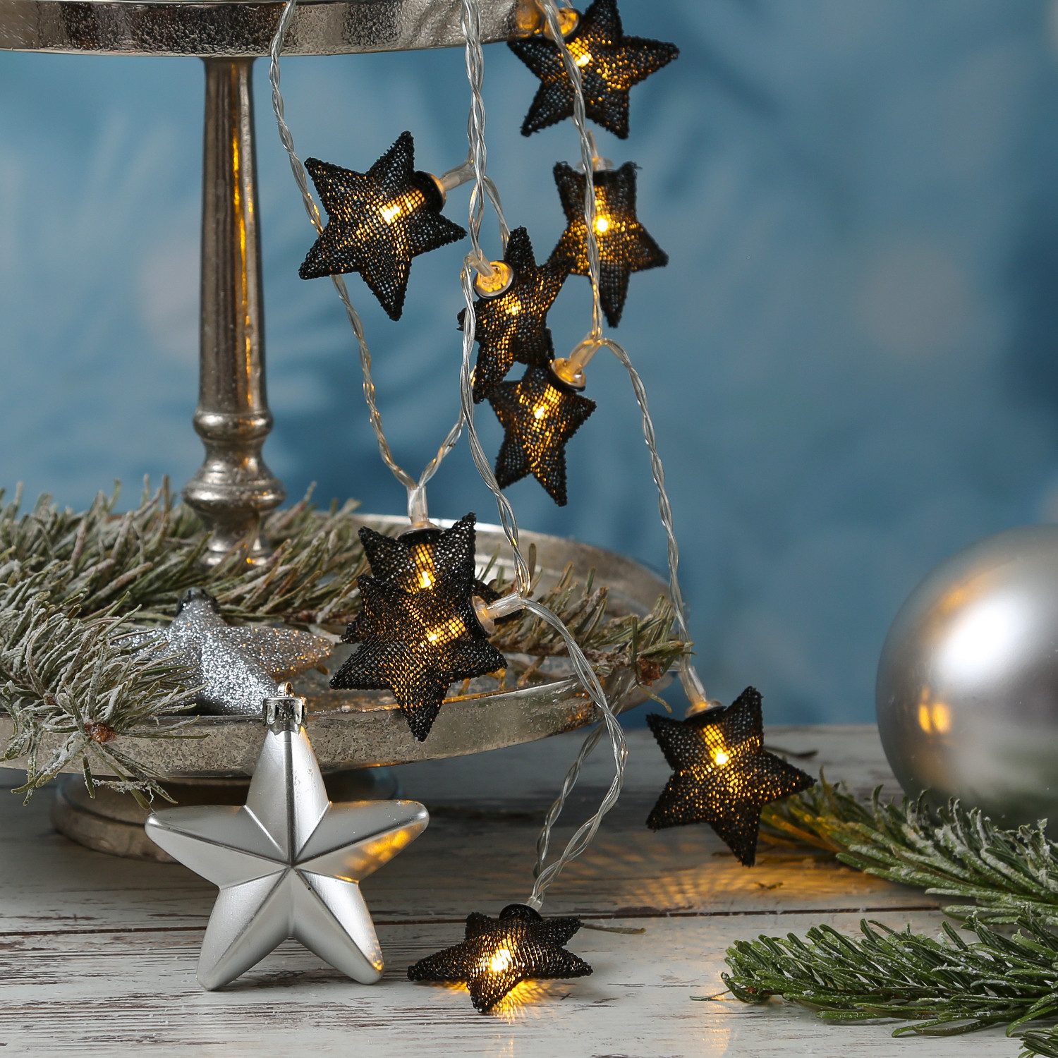 MARELIDA LED-Lichterkette 10 schwarze Sterne beleuchtet Dekolichterkette Weihnachten 0,9m, 10-flammig – Bild 2 von 4
