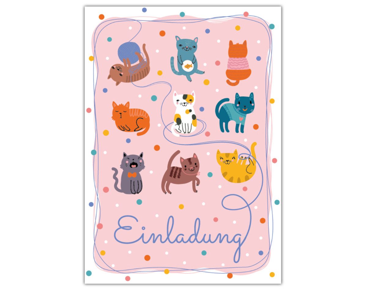 JUNAPACK Einladungskarten Katzen Einladungen zum Kindergeburtstag Katze Karten Mädchen rosa, Einladungskarten mit Katzen zum Kindergeburtstag