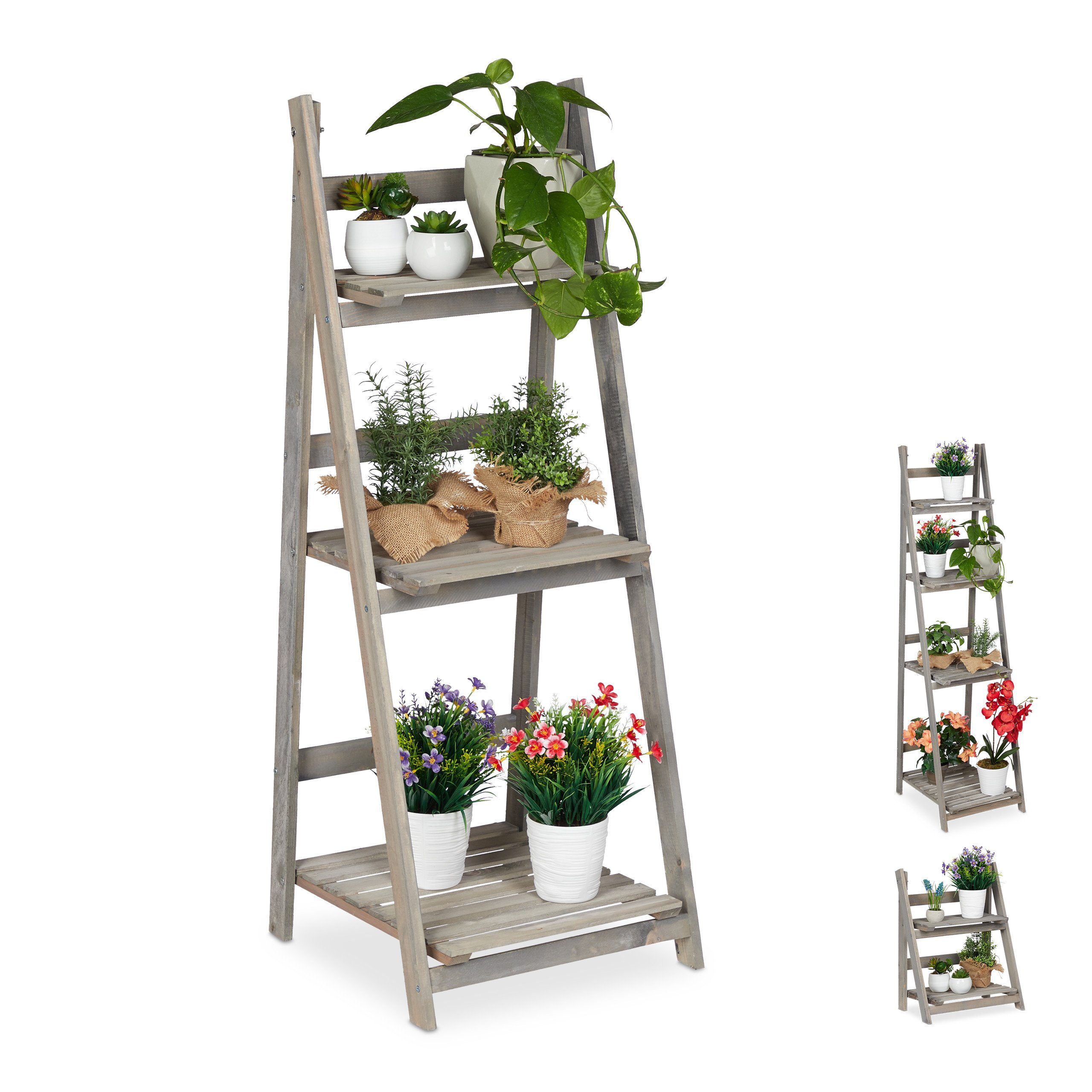 relaxdays Blumenständer Blumentreppe Holz grau (1 St), L