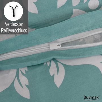 Bettwäsche, Buymax, Renforcé, 2 teilig, Bettbezug-Set 135x200 cm 100% Baumwolle mit Reißverschluss Blumen Grün