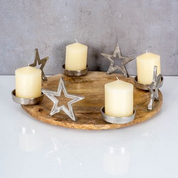 Levandeo® Adventskranz, Adventskranz ø36cm Mango Holz Silber Kerzenhalter Sterne Weihnachten