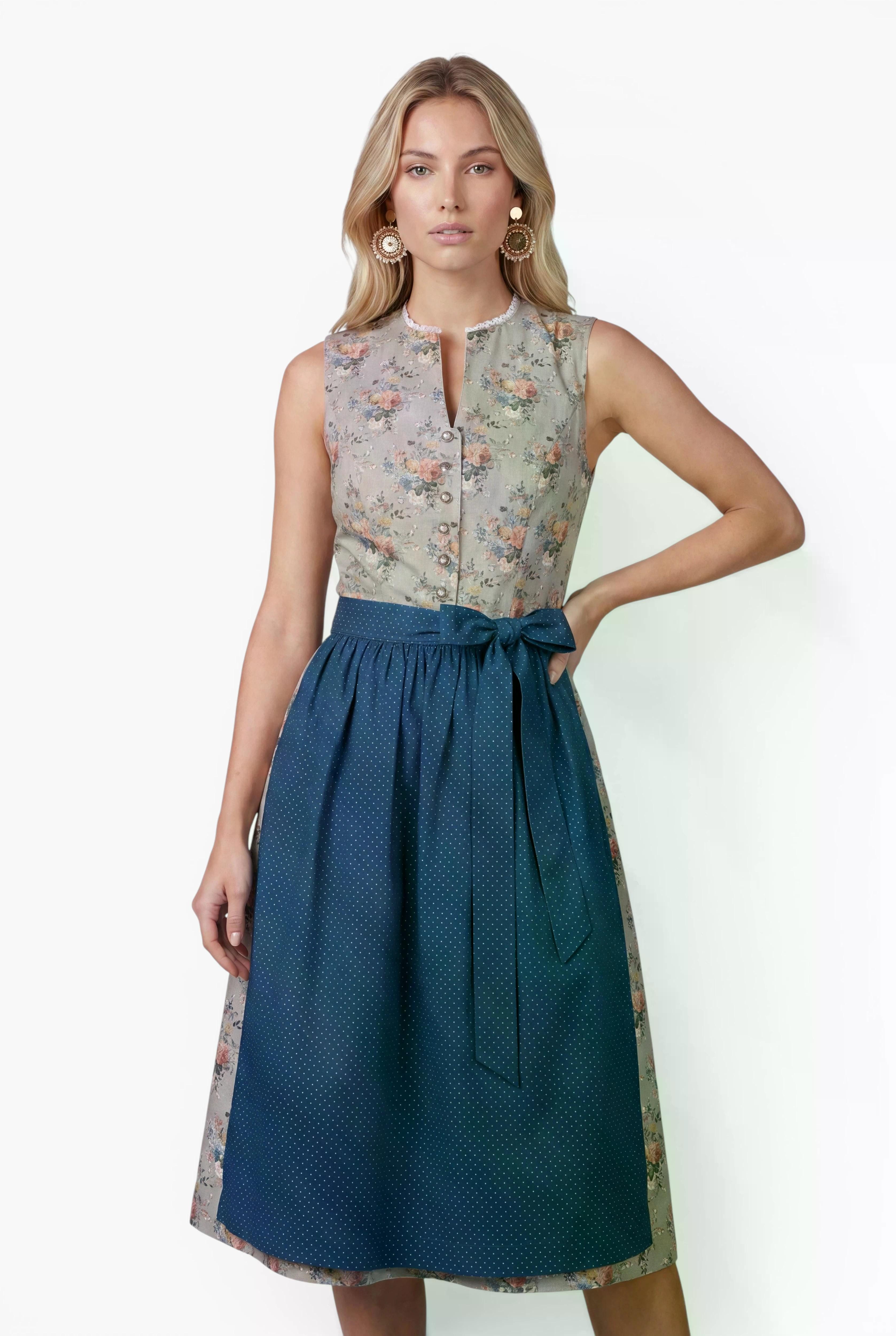 Ramona Lippert Dirndl Tara Damen 2 teiliges geblümt hochgeschlossen Olivgrün Rocklänge 70 cm