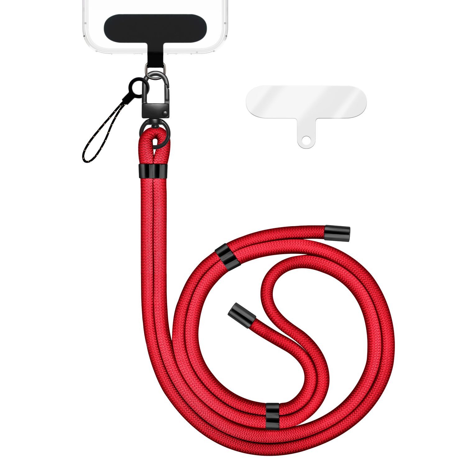 Nalia Handykette Universal Smartphone, Nylon Handyband / Karabiner Matt Schwarz & 2 Pads / 35-75cm Tragelänge