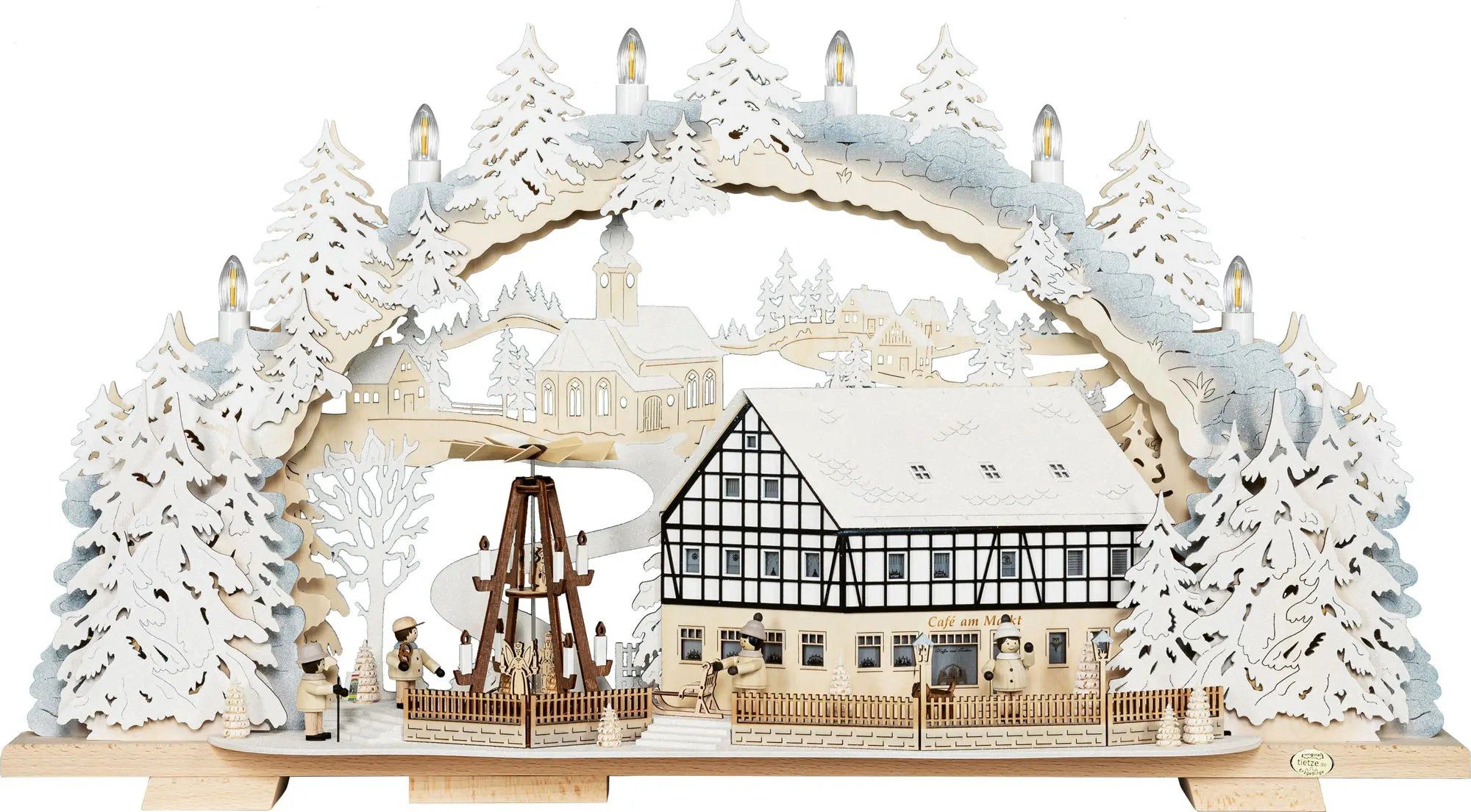 Tietze Erzgebirgsdesign LED Schwibbogen variabel, Cafe am Markt beschneit mit Motor, 70x39x12,5 cm (BxHxT)