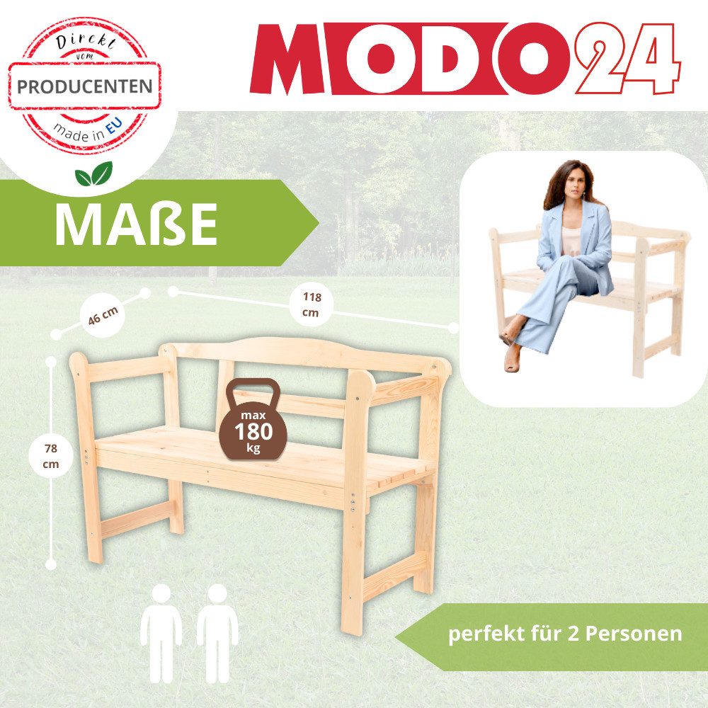 Modo24 Gartenbank LG01 Parkbank, Gartenmöbel, Sitzbank, Bank Friesenbank, Holzbank, Zweisitzer, In- & Outdoor, FSC-Holz Massiv 4 Farben Schutzhülle