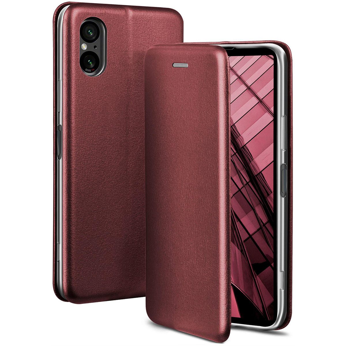 ONEFLOW Handyhülle für Sony Xperia 5 V Premium Hülle Business Cover Rot 6,1 Zoll, 360 Grad Schutzhülle Flip Case Etui Klapphülle Dünn Leder Handy Tasche