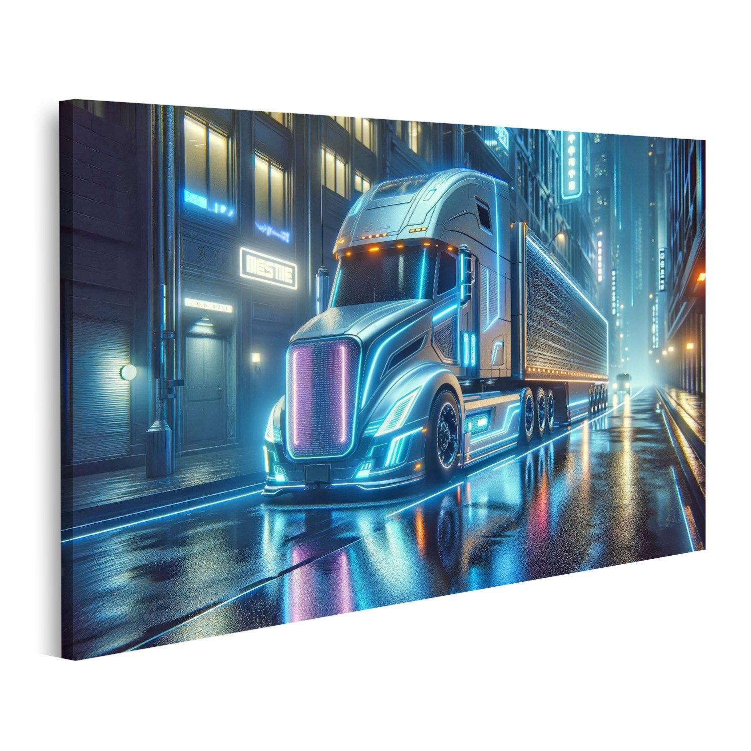 Leinwandbild Futuristischer LKW Sattelschlepper auf nasser Straße bei Nacht