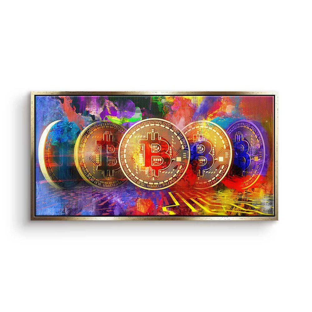 DOTCOMCANVAS® Leinwandbild, Premium Leinwandbild - Crypto - Multiple Bitcoin - Trading - Motivati goldener Rahmen | Leinwandbilder