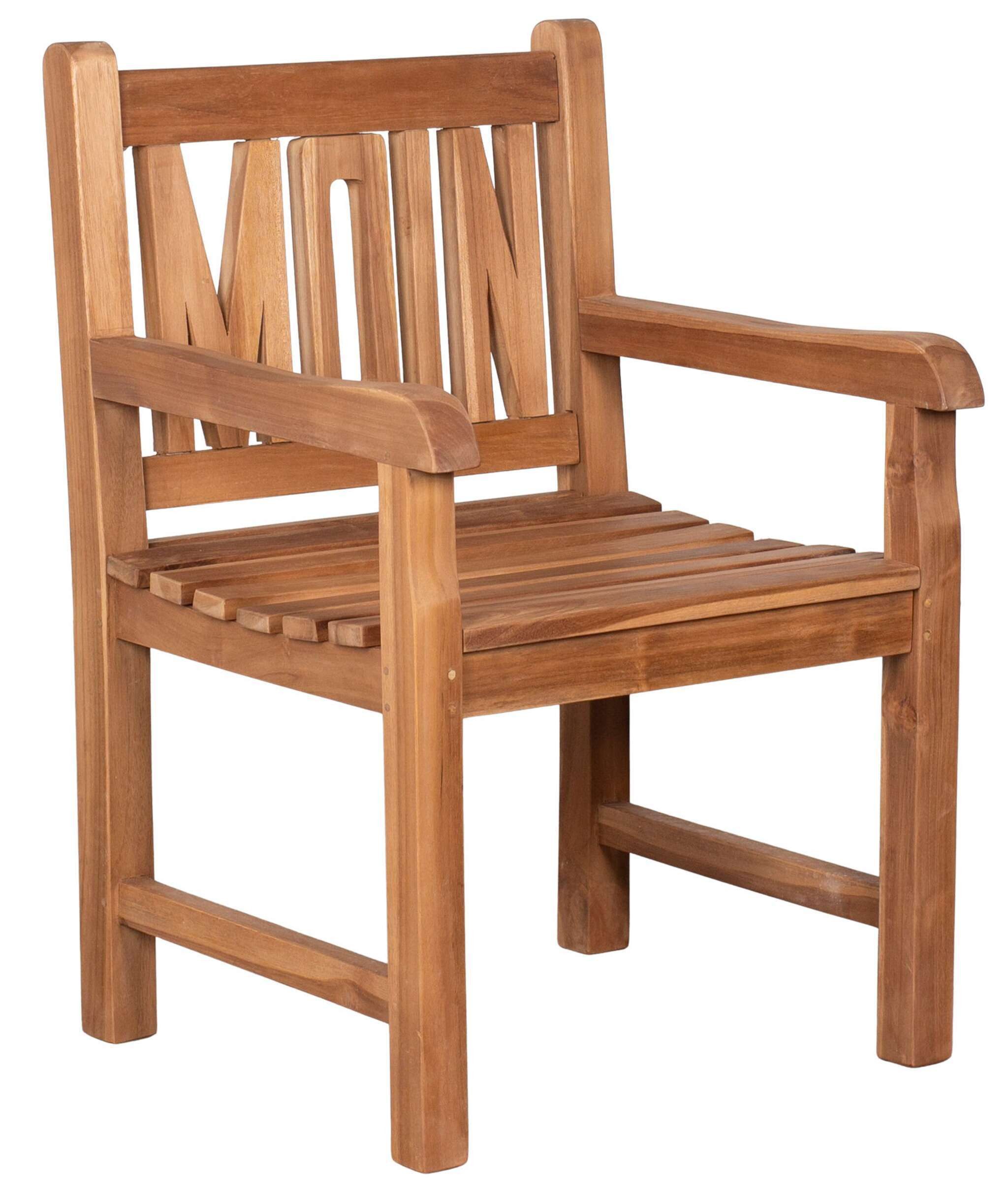 MR.DEKO Gartenstuhl Moin Gartensessel aus Teak, wetterfester Balkonstuhl, Statement (Garten und Ballkon Stuhl aus Teakholz, 1 St), Moin-Motiv in der Rückenlehne, wetterfest & stabil