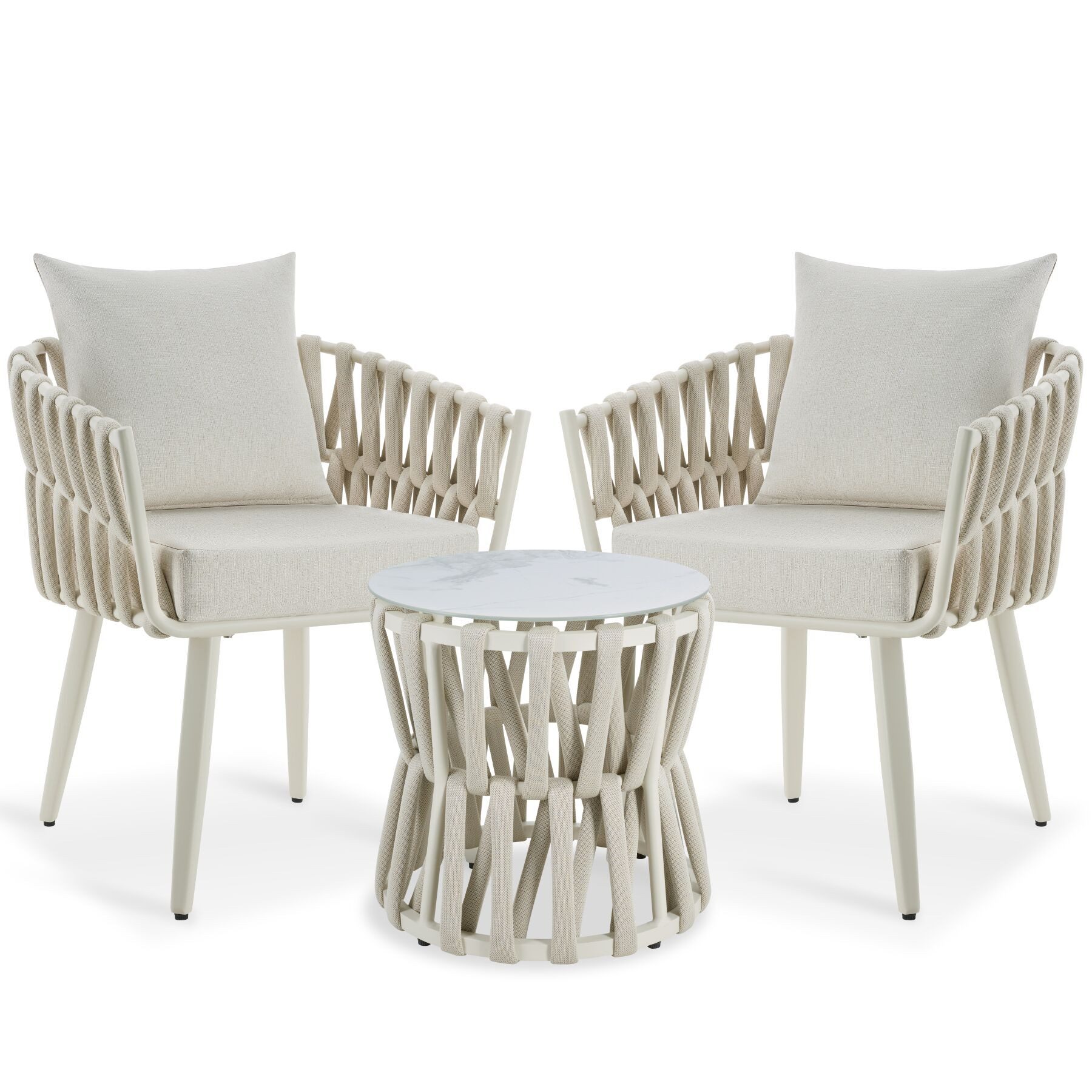 tectake Gartenlounge-Set Rope-Design aus Aluminium, wetterfest, dicke Polster, (Gartenlounge Set 2 Personen Lugano, 3-tlg., in Beige), Belastbarkeit Stuhl 120 kg, Inkl. Sicherheitsglasplatte