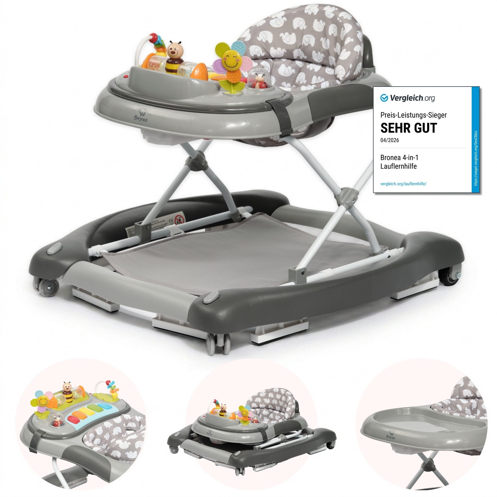 Bronea Lauflernhilfe 4-in-1 Lauflernwagen Gehfrei Baby Schaukel Lauflernhilfe Babywalker, Abnehmbares Spielpaneel - Wippfunktion - Leise gummierte Reifen