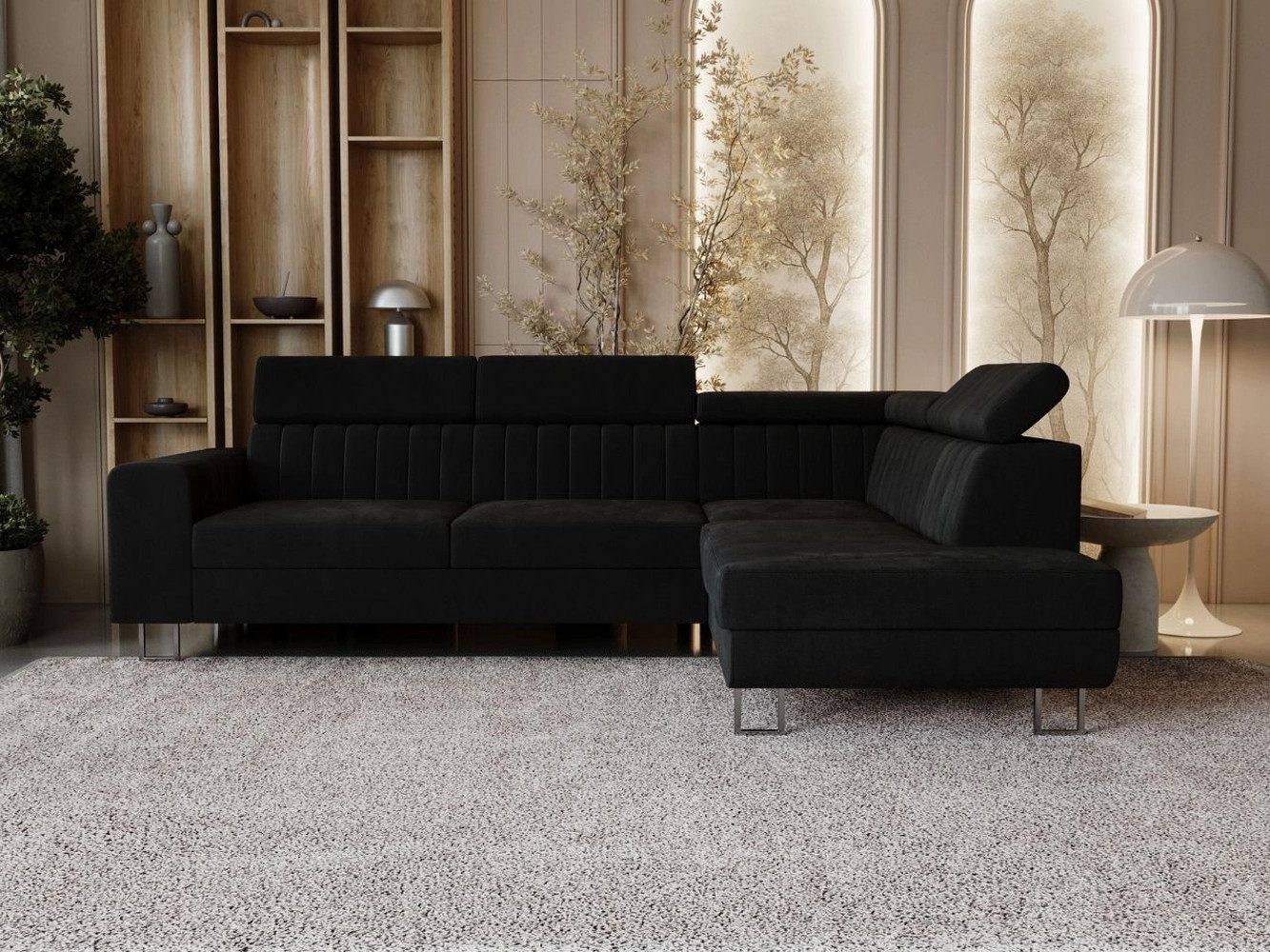 GrainGold Ecksofa mit Schlaffunktion und Bettkasten BERONA L - 255x190 cm, Schwarz, verstellbare Kopfstützen, Samt