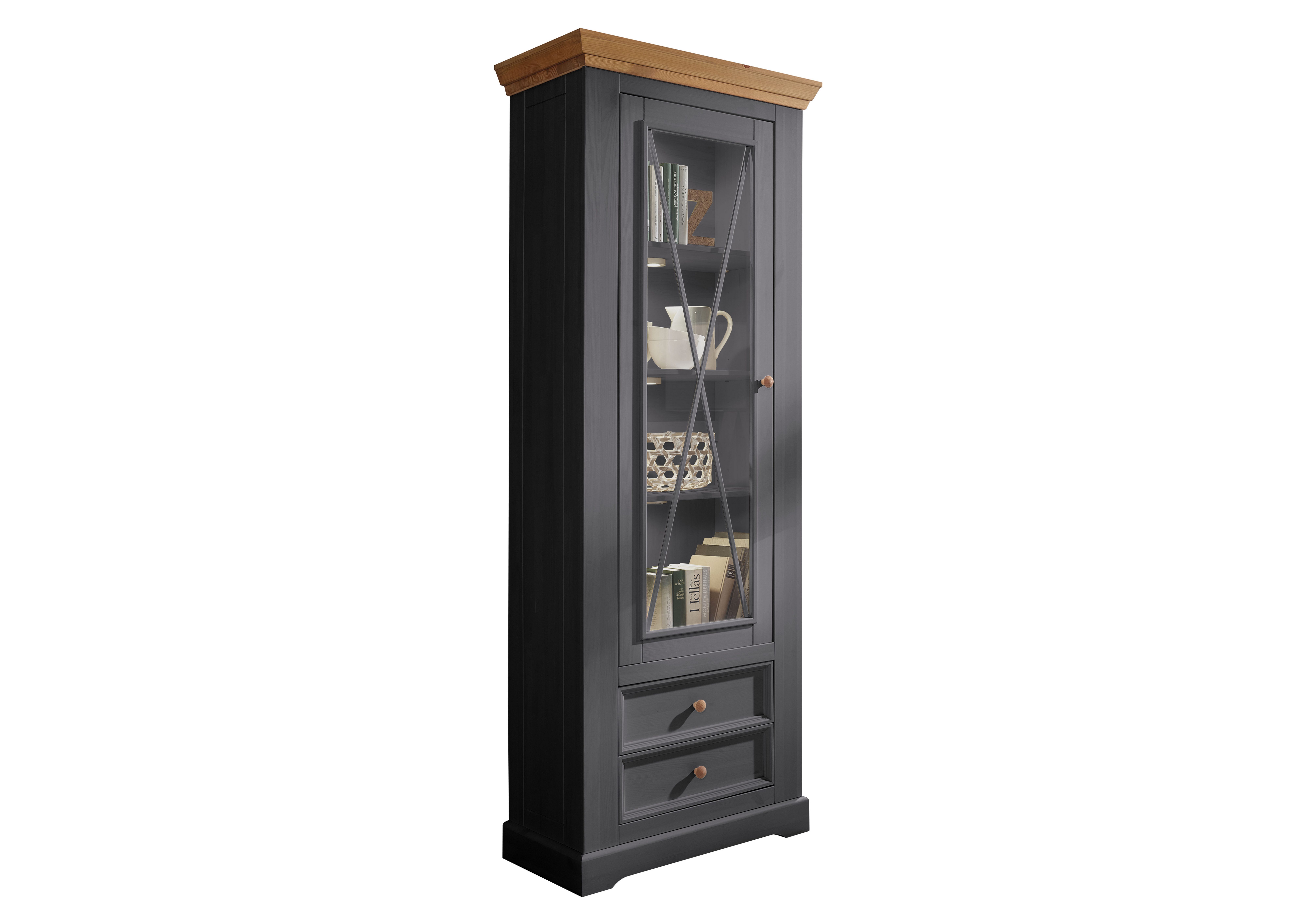 Woodroom Vitrine Oslo (Maße: 79 × 214 × 42 cm) Kiefer massiv weiß oder grau gewachst