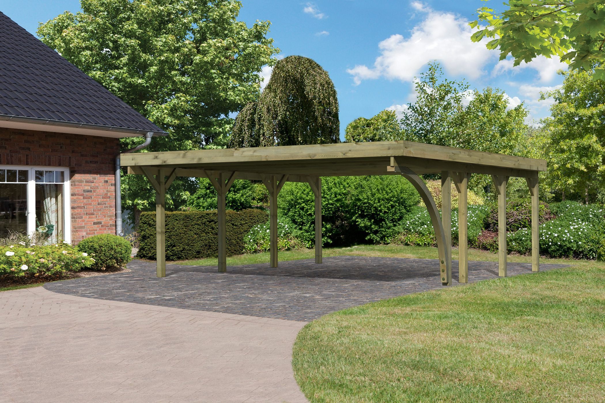 Karibu Doppelcarport »Classic 2 SET« Stahl-Dach Variante B, mit einem Einfahrtsbogen, BxT: 563x586 cm, 206 cm Einfahrtshöhe, (Set), aus Masivholz