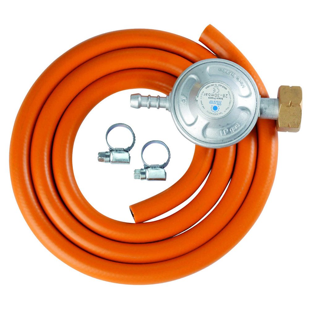 PrimeVal Gasdruckregler Set zum Anschluss von Flüssiggasflaschen, Reduzierstück 37 mbar, 1,5 m, 37.0 mbar, (Spar-Set, 1-St., 1,5 m Schlauch robust), 37 mbar, Messinganschluss, inkl. Schlauch & Schellen