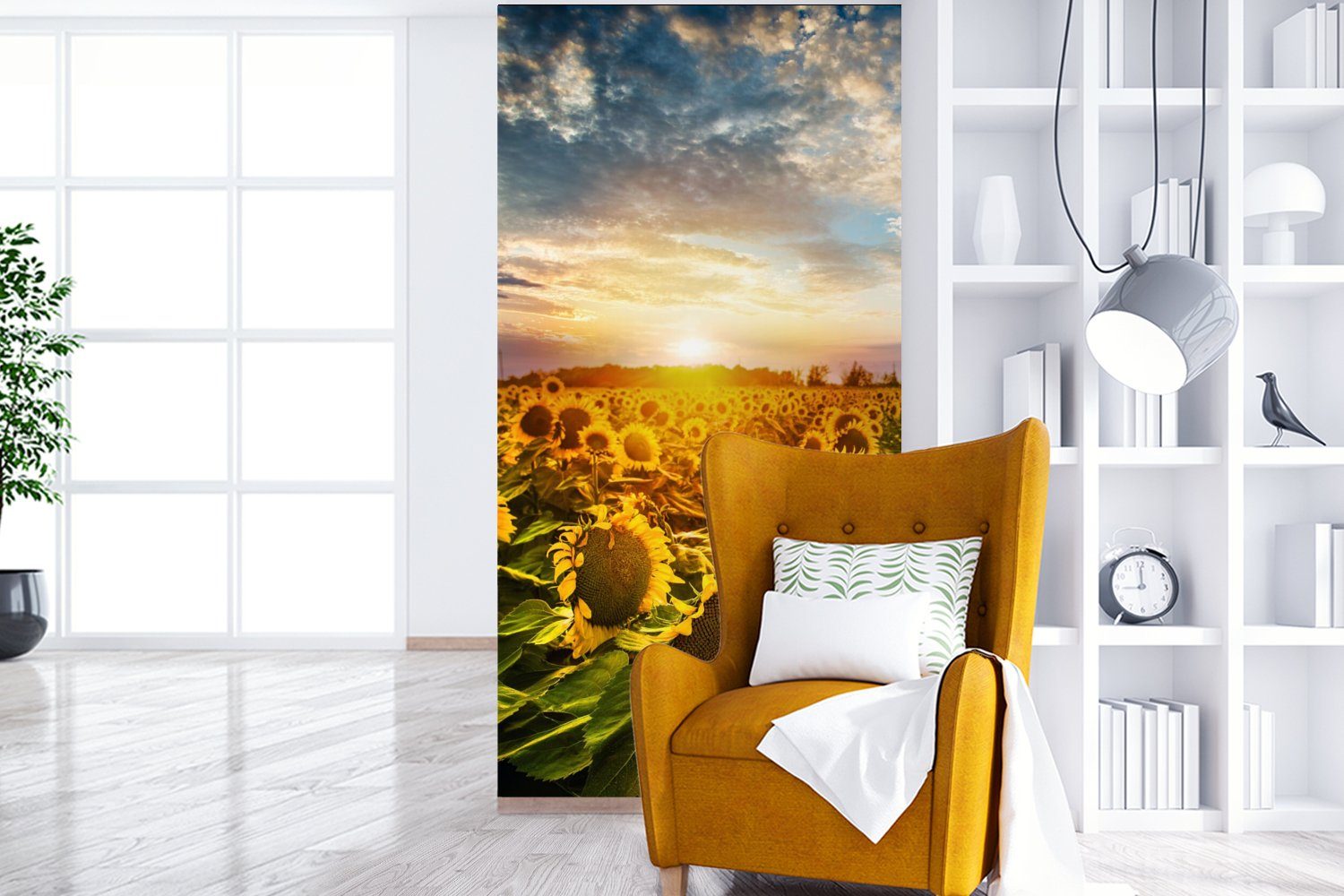 Wohnzimmer Fototapete Sonnenblume Schlafzimmer MuchoWow Vliestapete für Küche, Fototapete (2 - Blumen Himmel, Matt, - St), bedruckt,