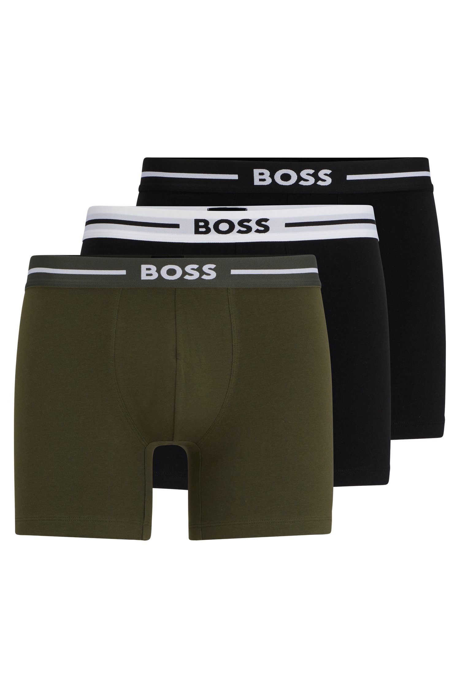 BOSS Boxershorts Br 3P Bold Schwarz/Khaki am Logoschriftzug (Packung, 3er) Bund mit