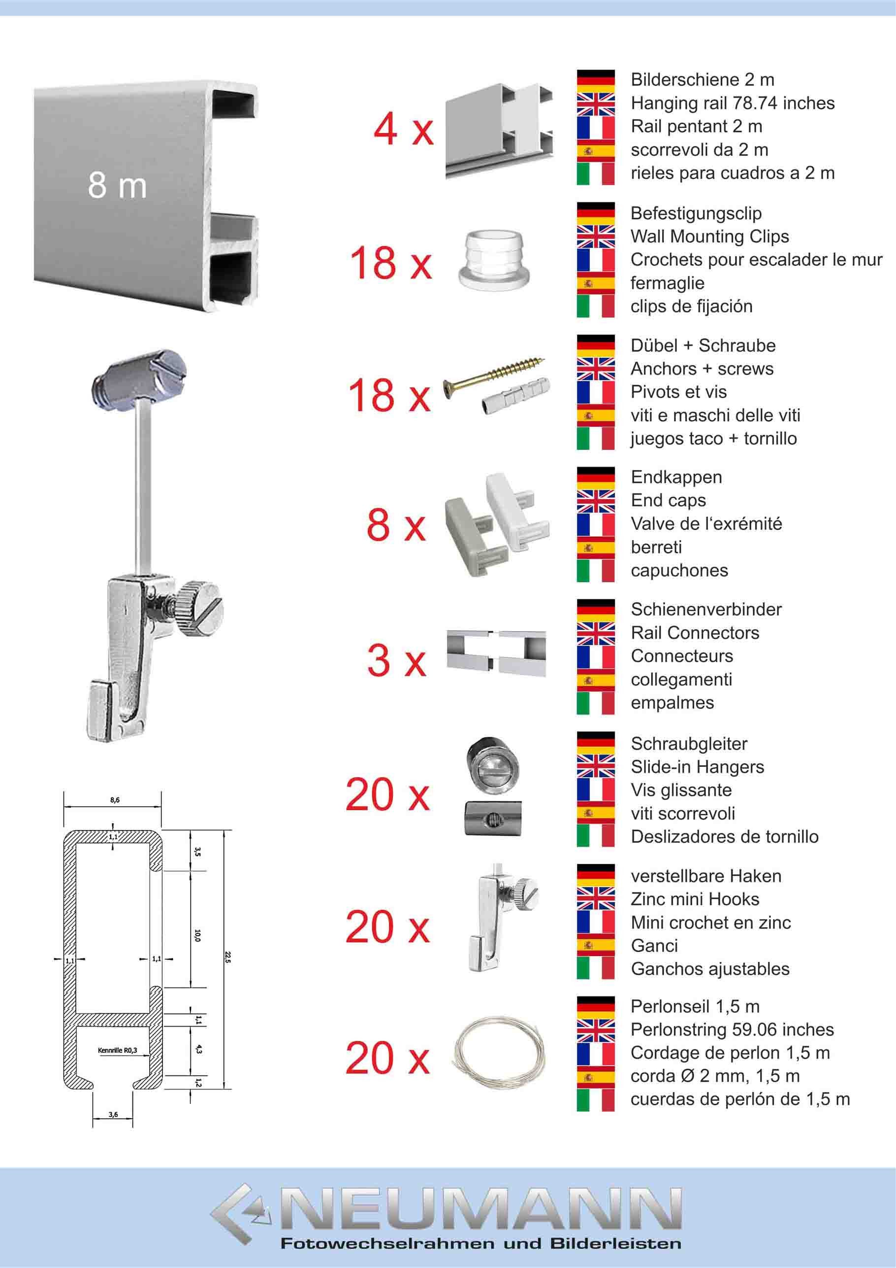 Bilderrahmen Neumann Bilderschienenset Bilderschienen Set 8 m mit Gleiter, günstig online kaufen