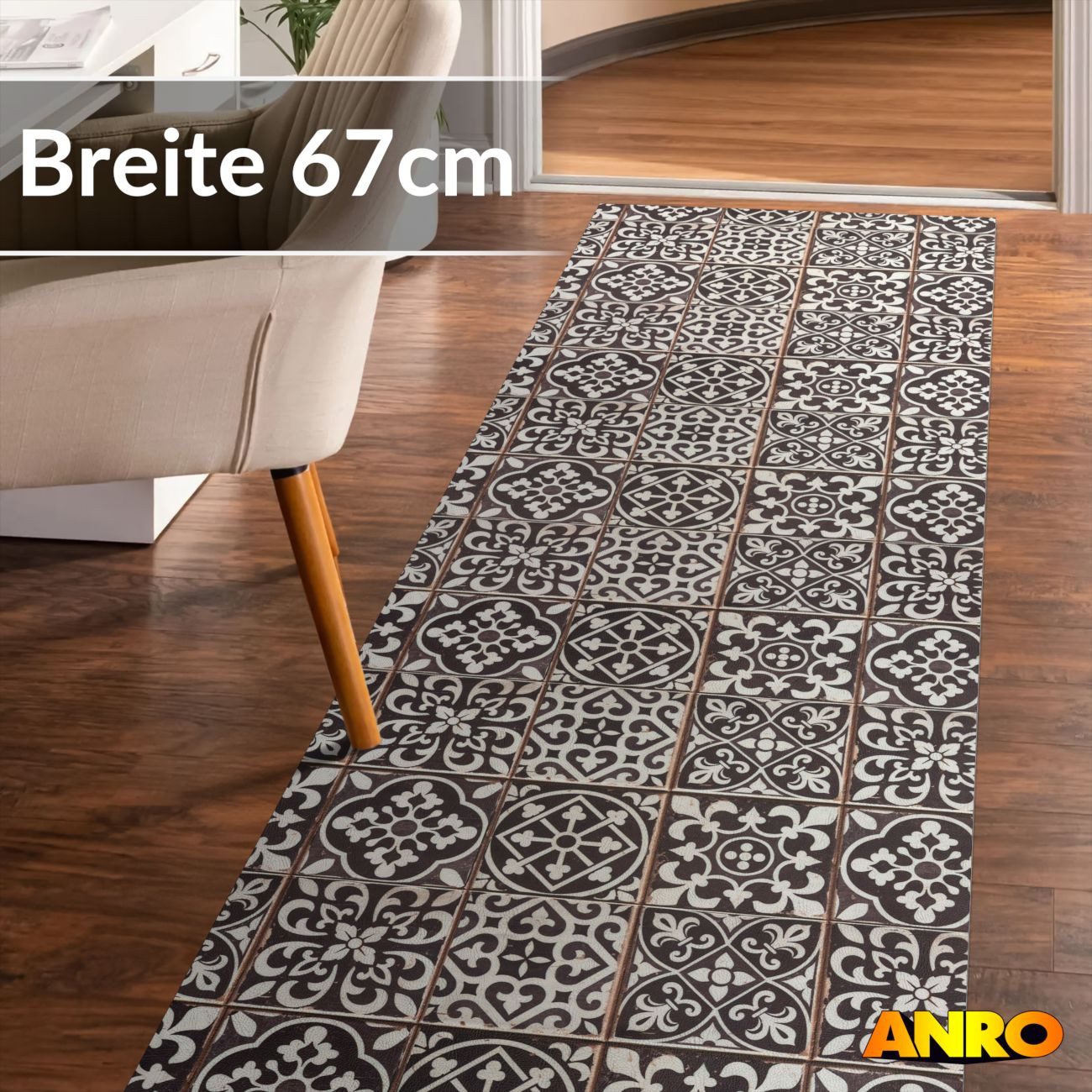 ANRO Küchenläufer abwaschbar Arabesk LADY Läufer stark pflegeleicht Küchenteppich, Rechteckig, Höhe: 3 mm, robust schmutzabweisend 67x100cm Vintage Schwarz robust