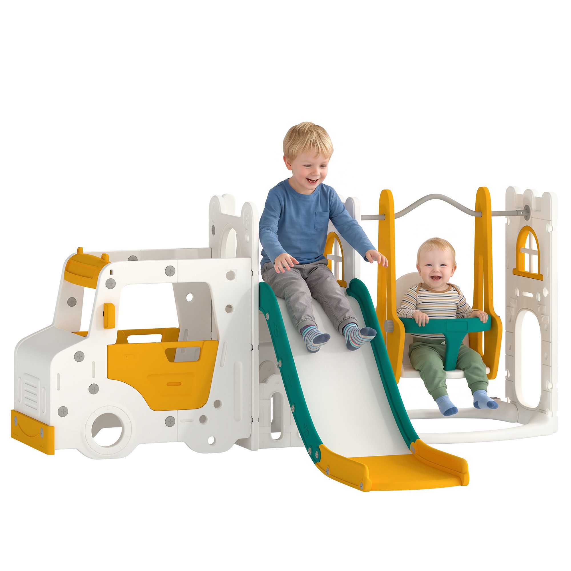 AIYAPLAY Rutsche 7 in 1 Kinderrutsche mit Schaukel Tunnel Auto Lenkrad Hupe, (Gartenrutsche, 1-tlg., Kinder Spielplatz), Max. 60kg für Kleinkinder 1–4 Jahre Weiß