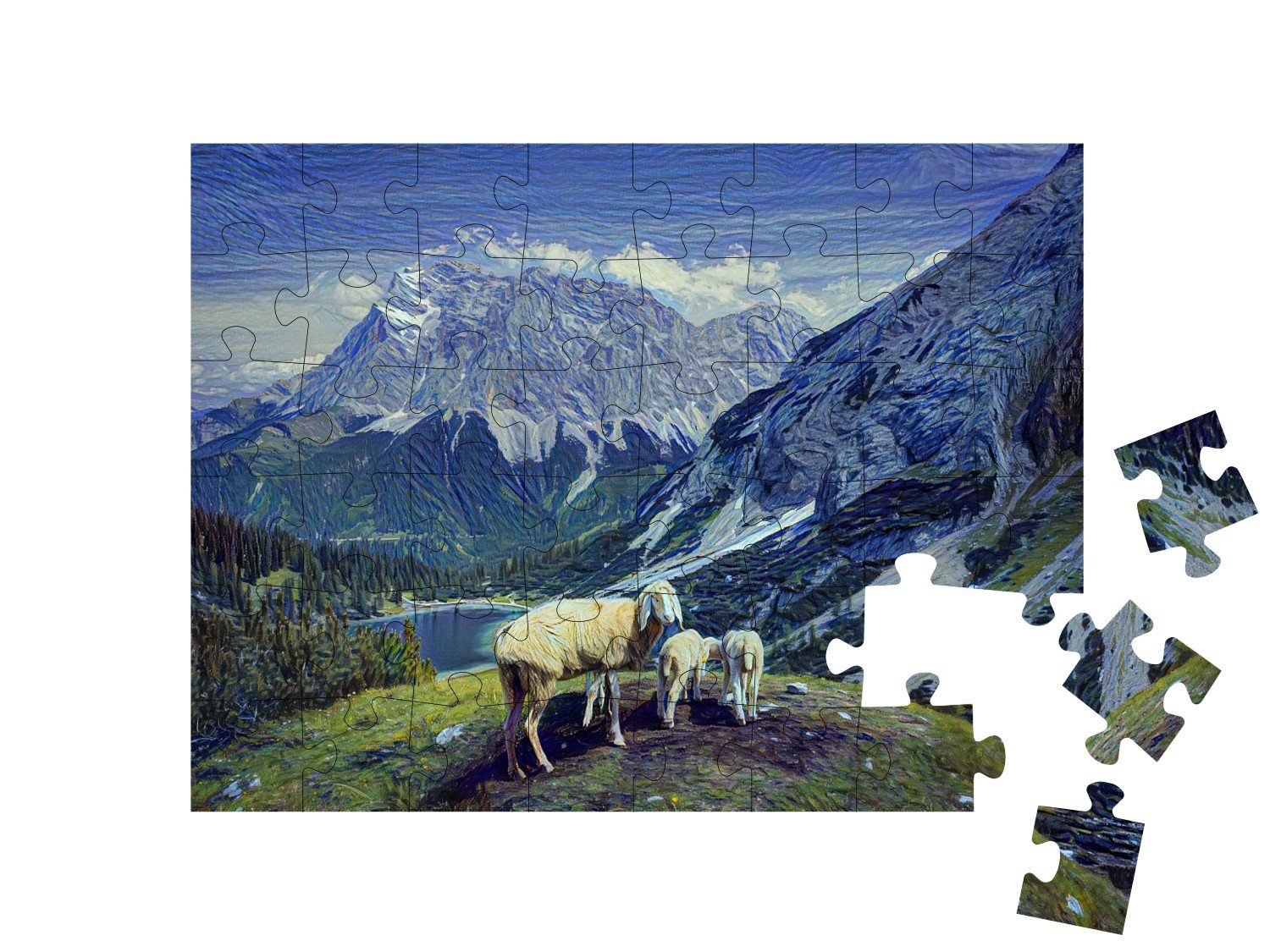 Puzzleteile, 48 Gogh-Stil, Hütte, Gogh Coburger Van Seebensee puzzleYOU van Kunst-Stil und Puzzle puzzleYOU-Kollektionen im