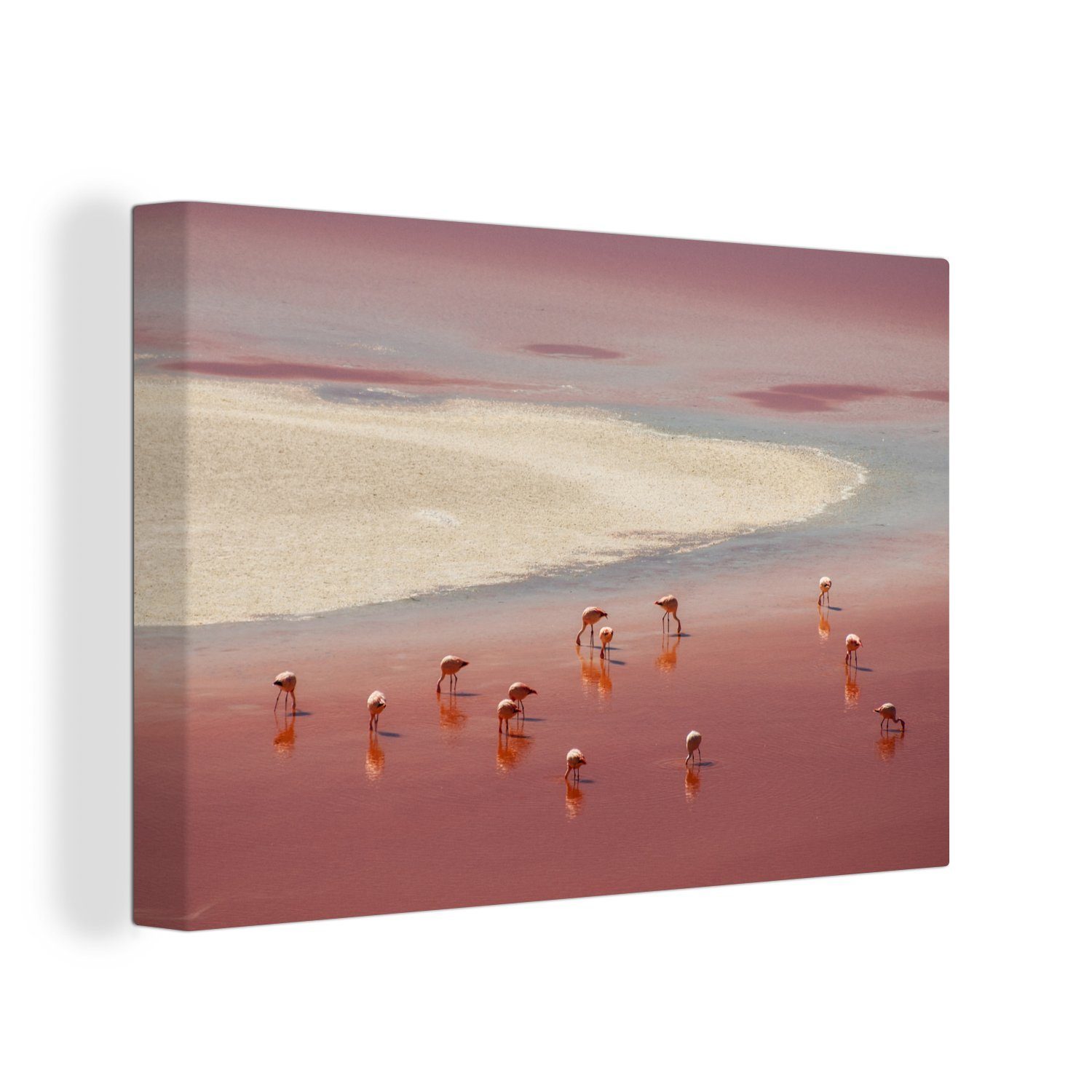 OneMillionCanvasses® Leinwandbild Der See mit Flamingos im Salar de Uyuni, (1 St), Wandbild Leinwandbilder, Aufhängefertig, Wanddeko, 30x20 cm