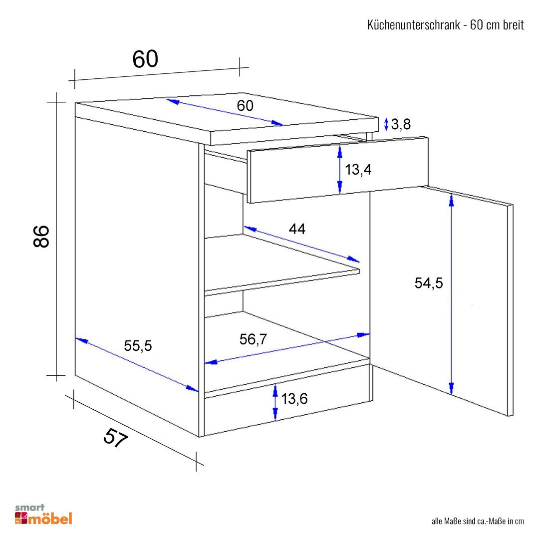 Flex-Well Spülenunterschrank Küchenunterschrank - 60 cm breit - Anthrazit San Remo Eiche – Lino