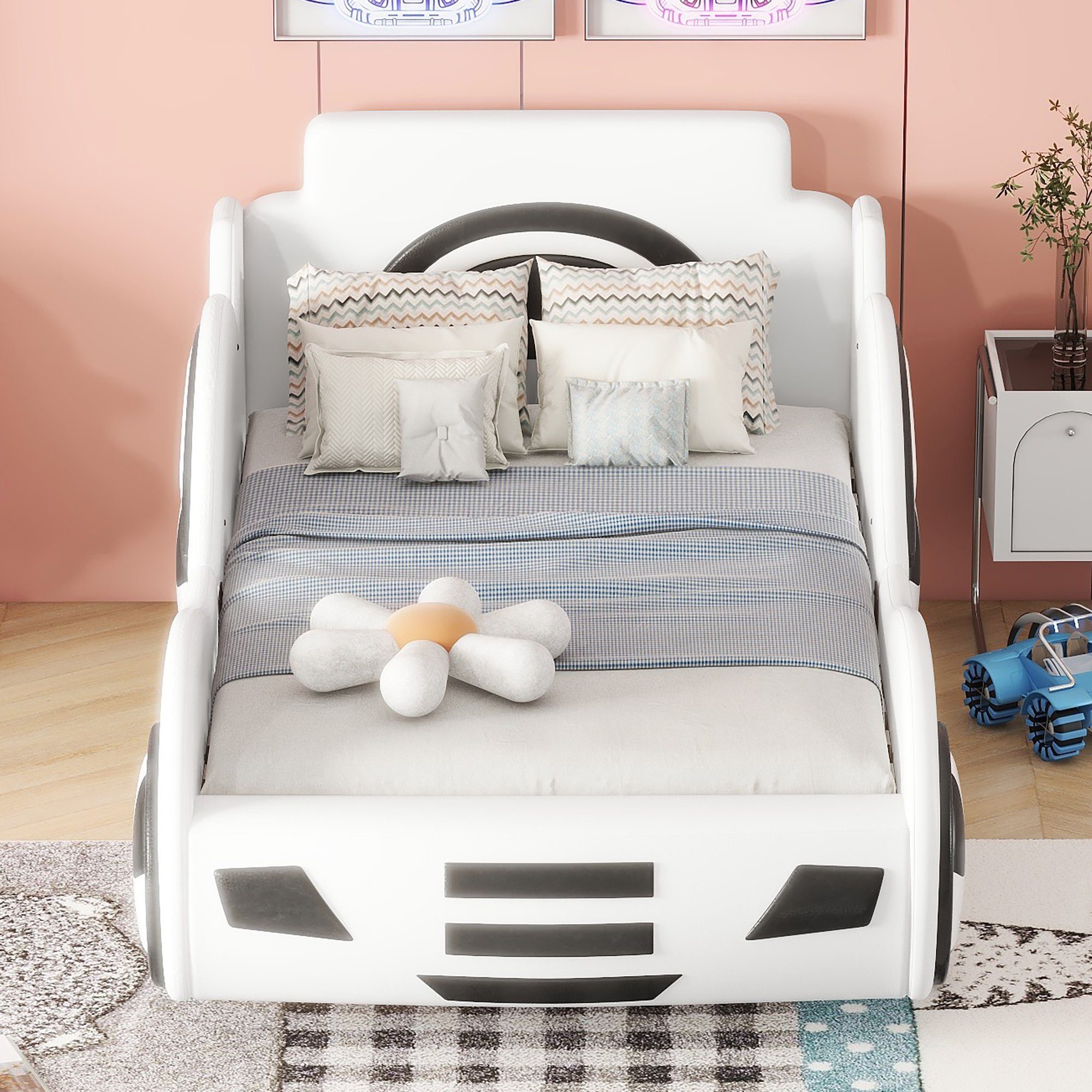90×200cm Stauraum Kunstleder Hydraulisches mit Kinderbett Spielbett Weiß Autobett, Flieks