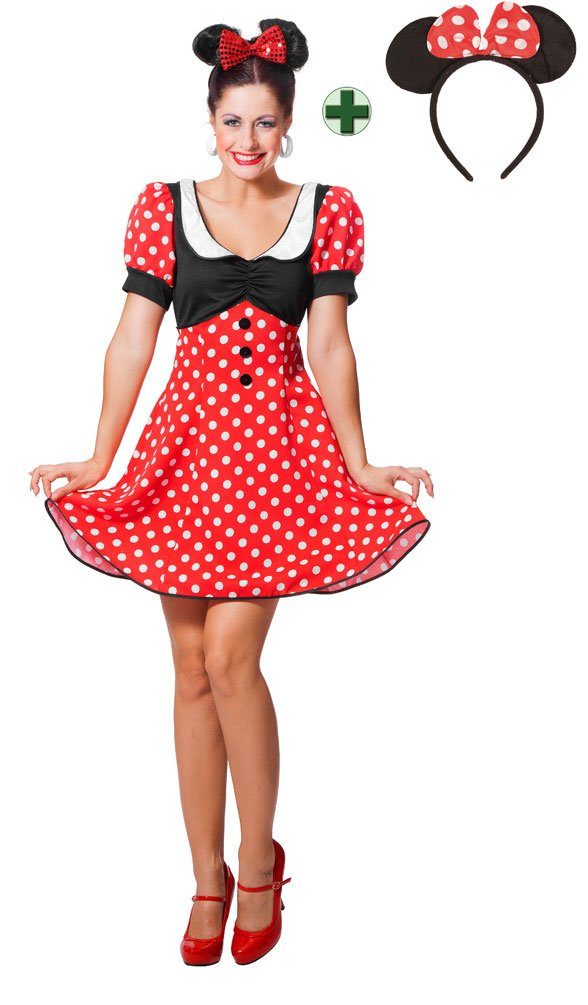 Karneval-Klamotten Kostüm Damen Minnie Maus-Kostüm mit Maus Ohren, Maus Kleid für Damen mit Maus-Ohren. Kleid in rot mit weißen Punkten