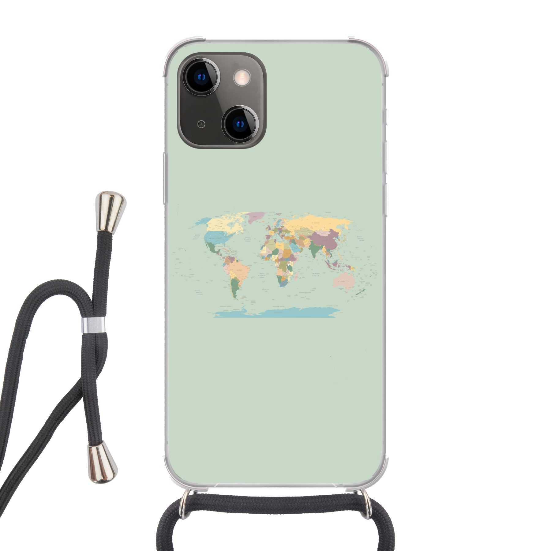 MuchoWow Handyhülle für Apple iPhone 13 Weltkarte - Realistisch - Karte, Tragbare Handyhüllen mit Kette zum umhängen, Handykette Handyband