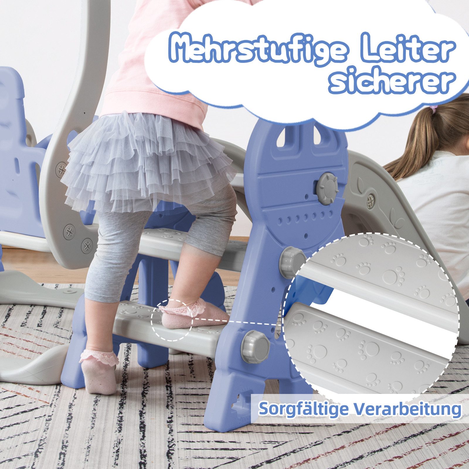 zebery Rutsche Kinderrutsche 4-in-1 Rutschen,Gartenrutsche mit Schaukel, Blau Kleinkinderrutsche,Kletterleitern,Schaukeln, Basketballkörbe – Bild 2 von 5