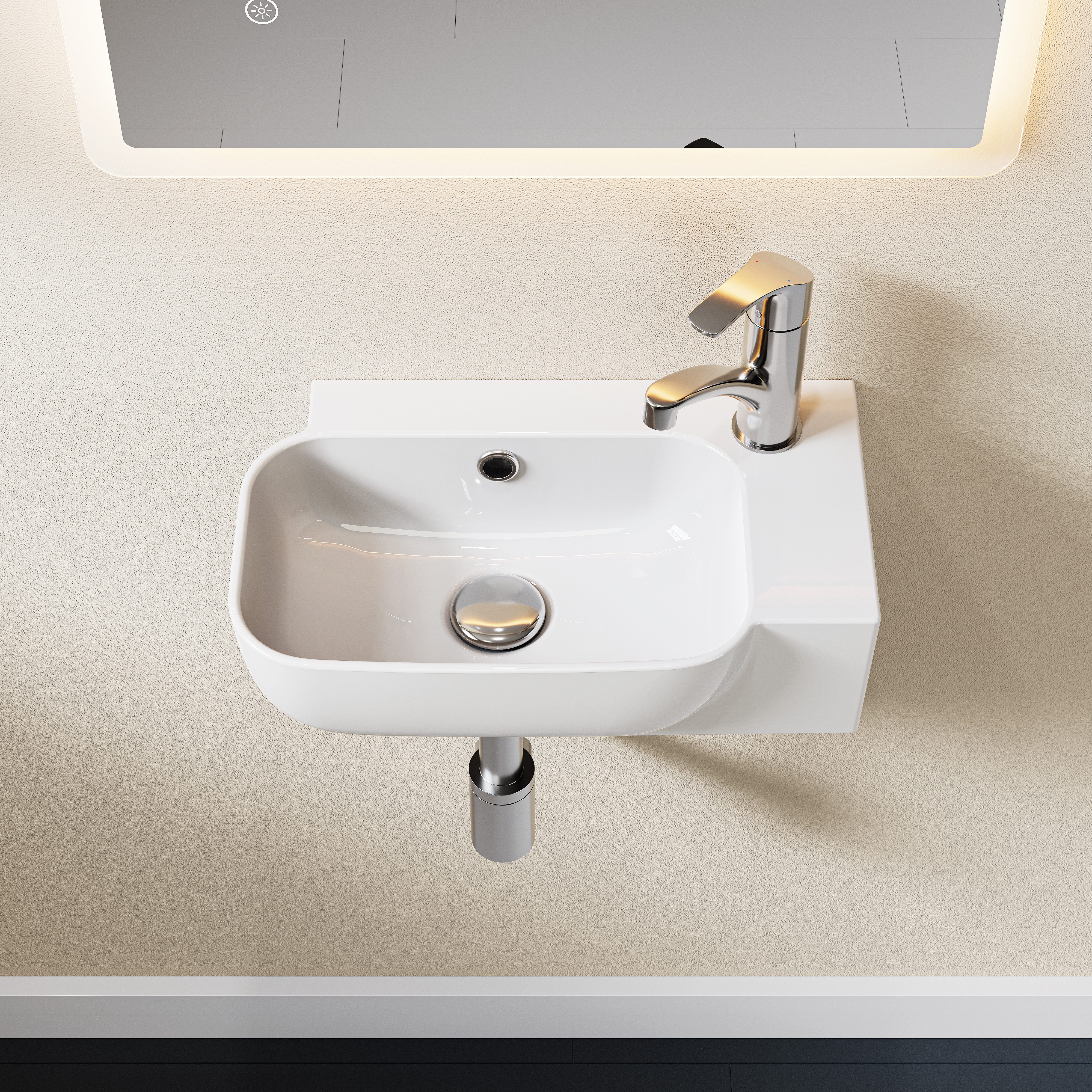 HOROW Waschbecken Aufsatzwaschbecken Wandmontage Waschschale für Badezimmer/ Gäste-WC (Weiß, 40.3 x 24.9 x 14 cm, mit Hahnloch und Überlauf - Weiß)
