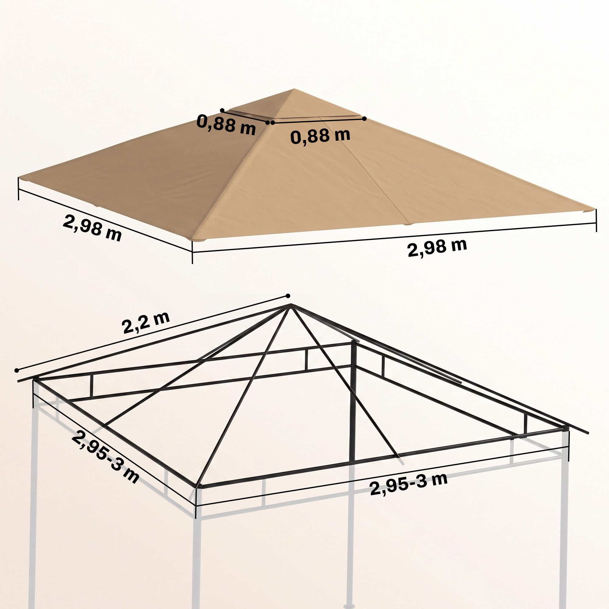 Outsunny Pavillon-Ersatzdach Ersatzbezug Ersatzteile aus Polyester-Stoff, beige, 180 g/m², 298 x 298 cm (Ersatzdach, Pavillondach), 298x298 für Metall-Gartenpav – Bild 3 von 5