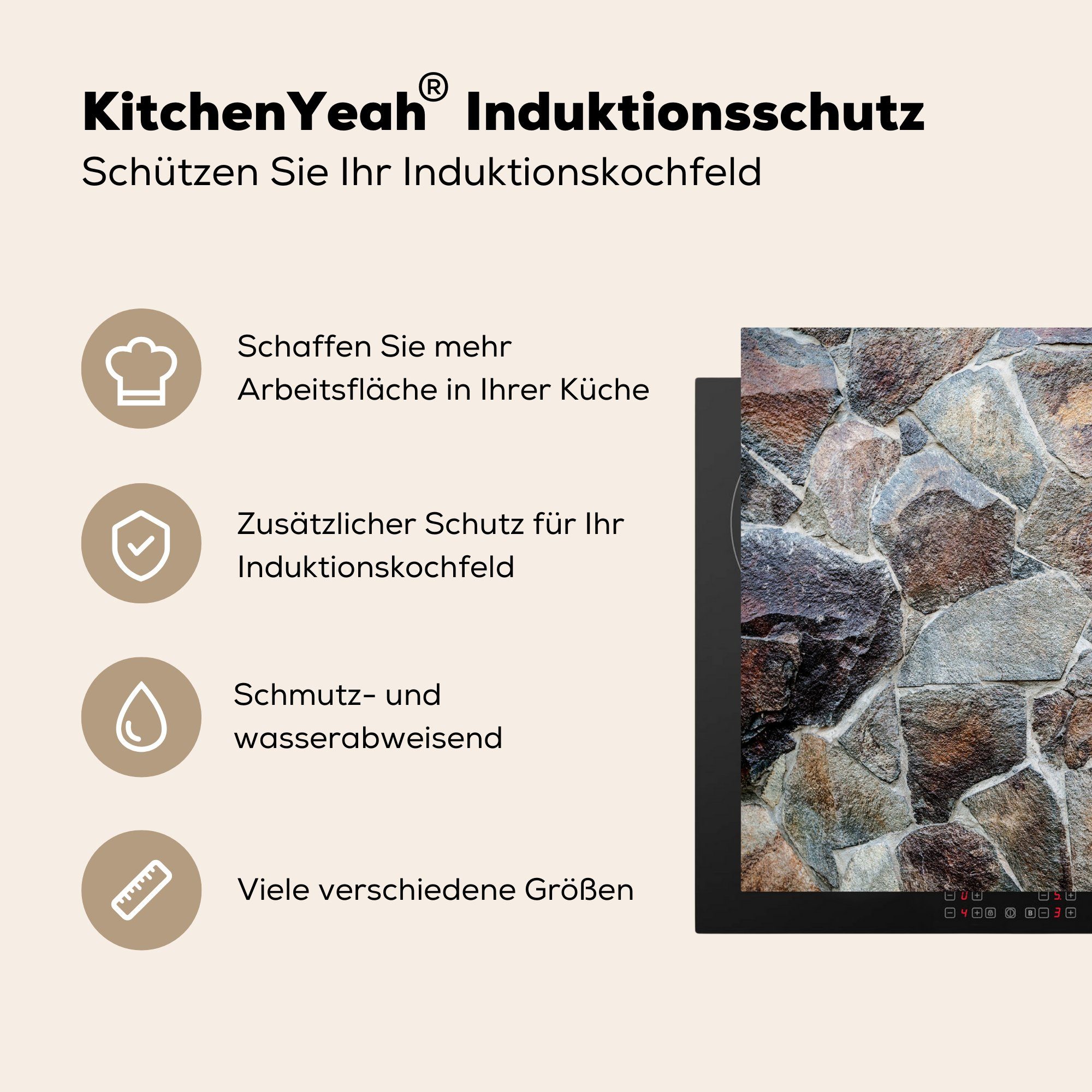 Steine MuchoWow Induktionskochfeld tlg), - Robust, für - Herdblende-/Abdeckplatte Mauern 58x51 Vinyl, Dekoration Induktionsherd, Küchen (1 cm,