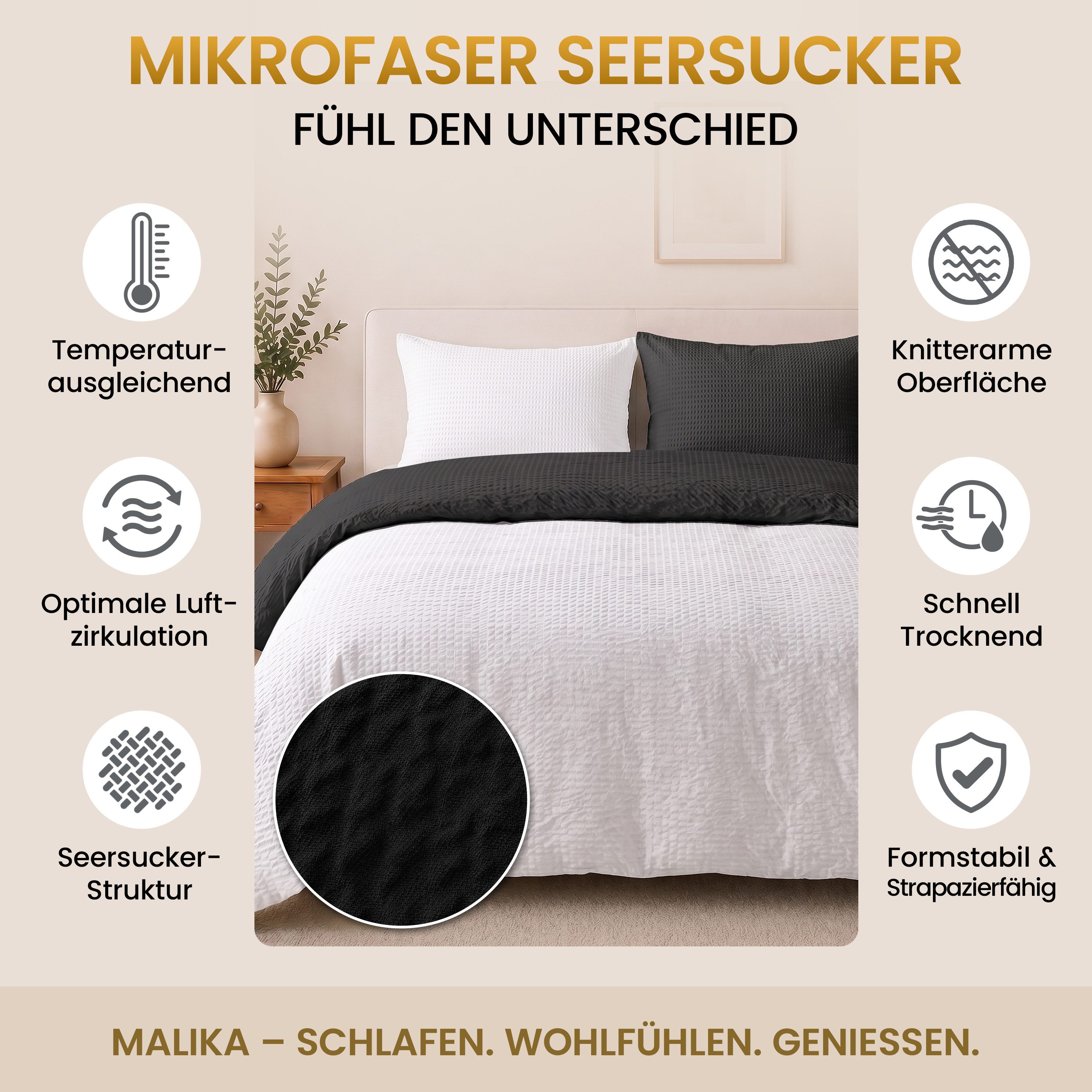 Malika Bettwäsche aus 100 % Mikrofaser, 135x200 + 80x80 cm, Seersucker, Schwarz-Weiß, Seersucker, 2 teilig, Für Allergiker geeignet, pflegeleicht, angenehm weicher Stoff