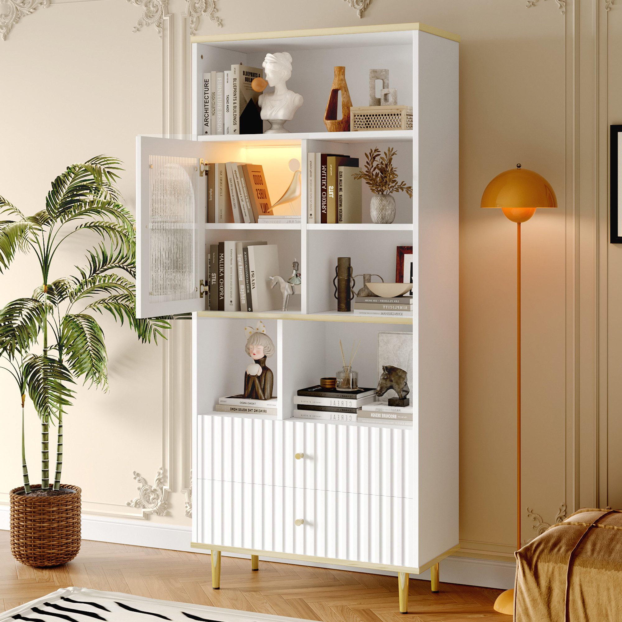 Furnishings Home Bücherregal Multifunktionales Bücherregal 78x36x180cm, LED Licht, Schubladen, Weiß, 1-tlg., Zwei Schubladen + ferngesteuerte Farbwechsel Lichtleiste Weiß