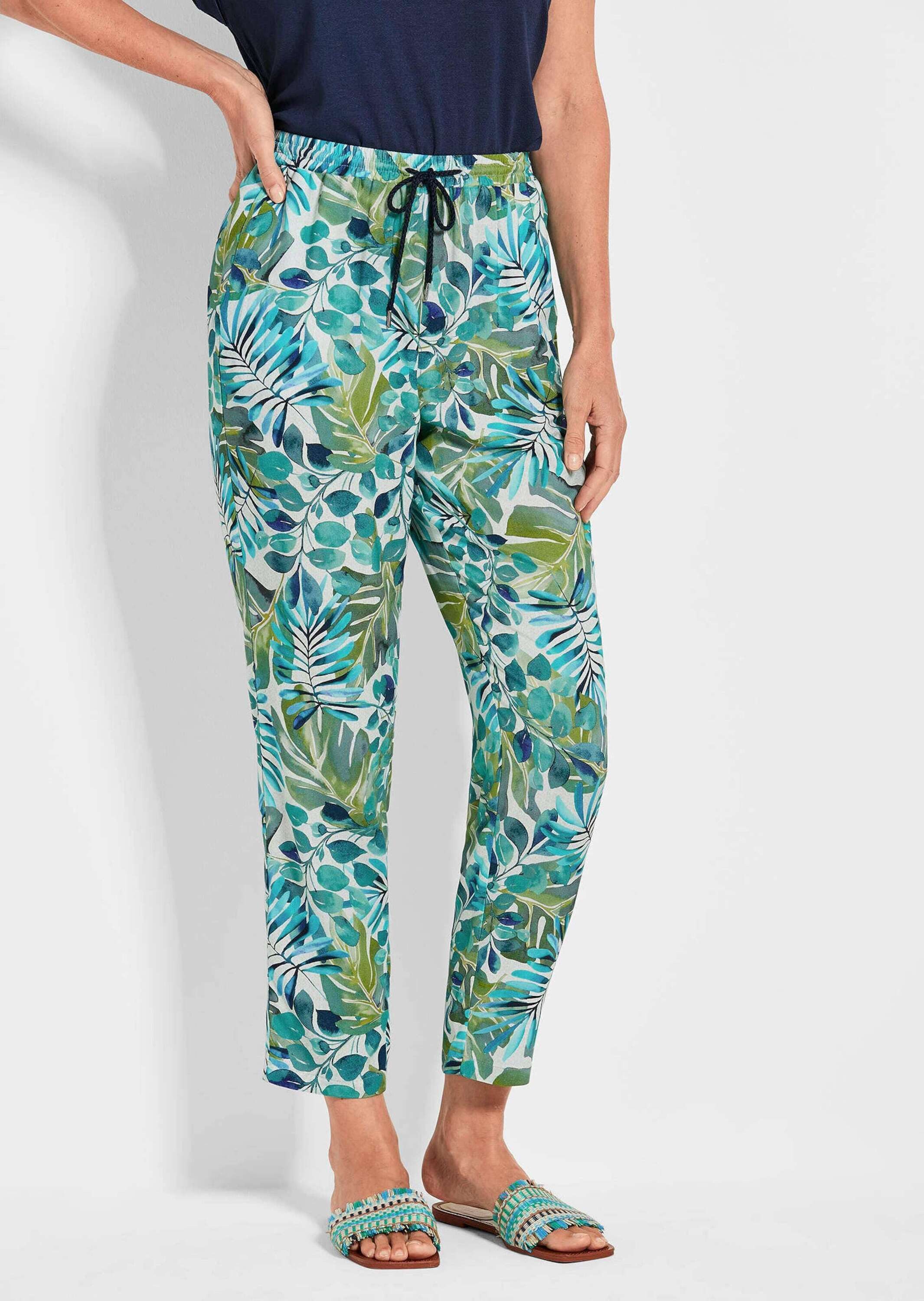 GOLDNER Stoffhose Florale Schlupfhose SARA grün Viskosehose mit Allover-Print, Rundum-Schlupfbund, Eingriffstaschen