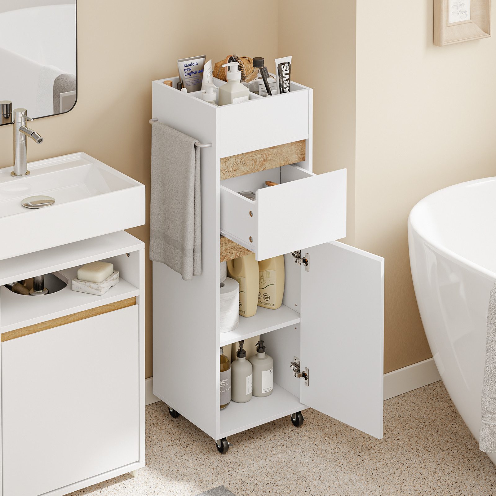 SoBuy Badregal BZR225, Badezimmerschrank schmal, Nischenregal mit Schublade, Rollbarer Unterschrank mit Tuchhalter und Einlegeböden für Badezimmer