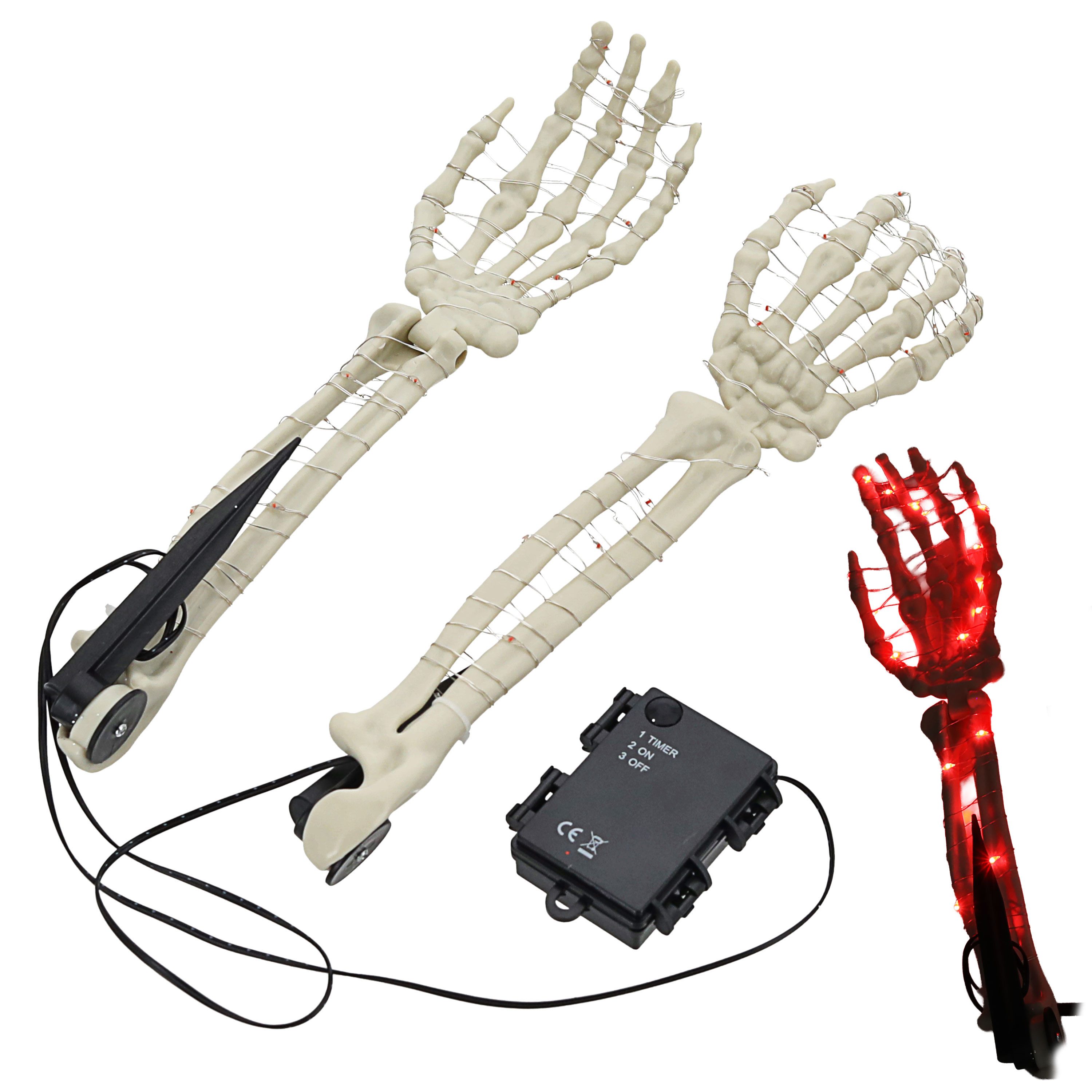CEPEWA Dekoobjekt LED Skelett Hände Erdspieß 8x36cm Plastik 50 Leds rot leuchtend Timer