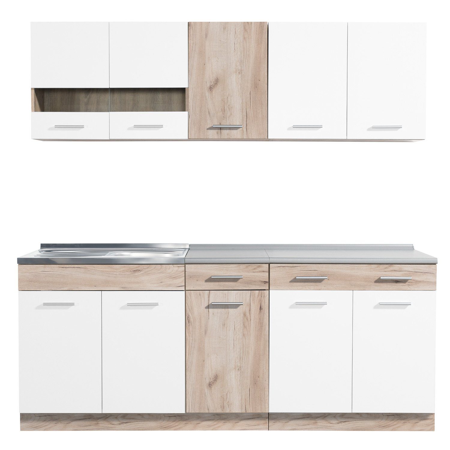 Homestyle4u kitchen unit 200 cm without appliances, single kitchen, kitchen cabinets white matt and oak brown (wall cabinets, base cabinets, 2 worktops, fitted kitchen), kitchen block, fitted kitchen