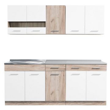 Homestyle4u Küchenzeile 200 cm ohne Geräte Singleküche Küchenschränke Weiß matt Eiche