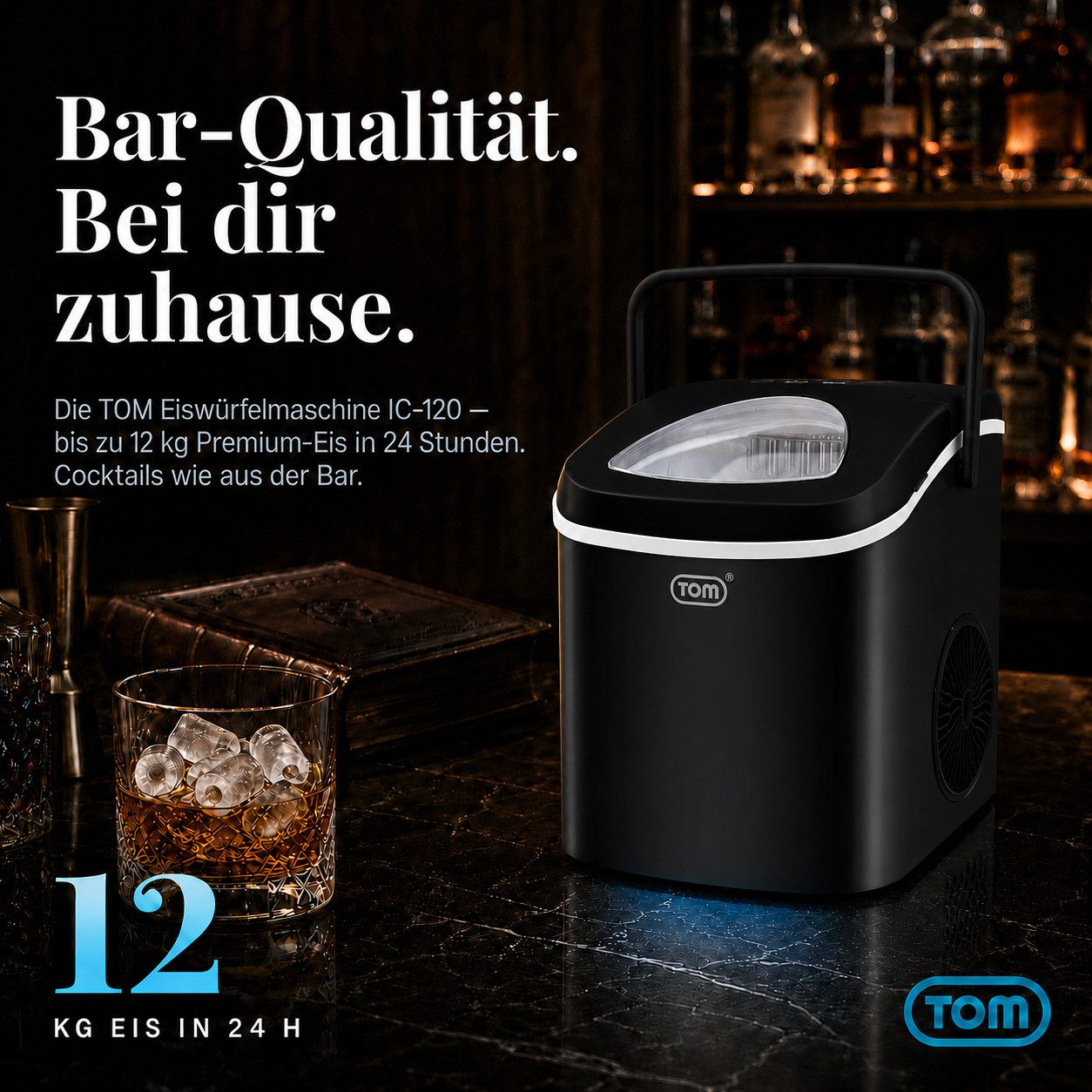 TOM Eiswürfelmaschine Eiswürfelbereiter 1,3L inklusive Eiszange, 12kg in 24h, Eismaschine, Herausnehmbarer Korb, Schwarz, Sichtfenster