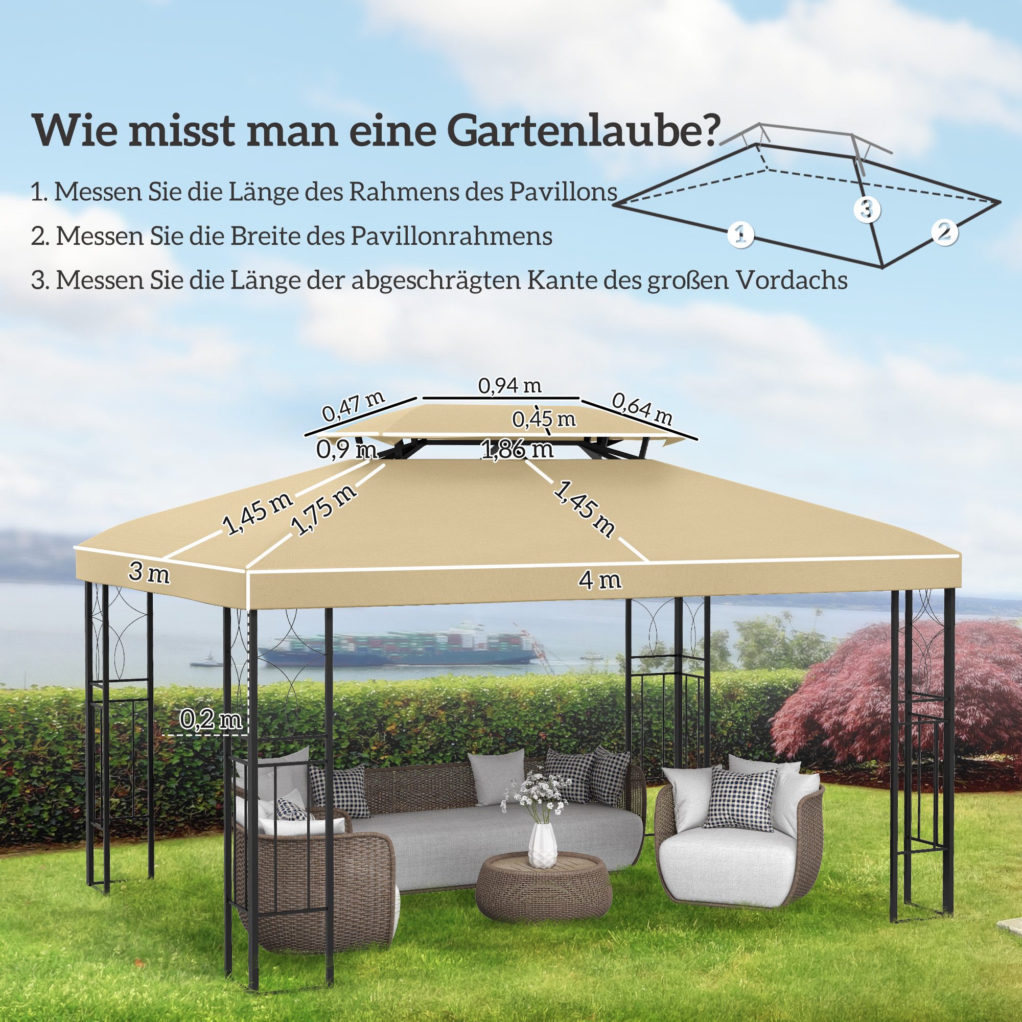 Outsunny Pavillon-Ersatzdach mit Doppeldach, 180 g/m², 400 x 300 cm (wasserabweisend Pavillondach, Ersatzbezug), aus Polyestet-Stoff Cremeweiß