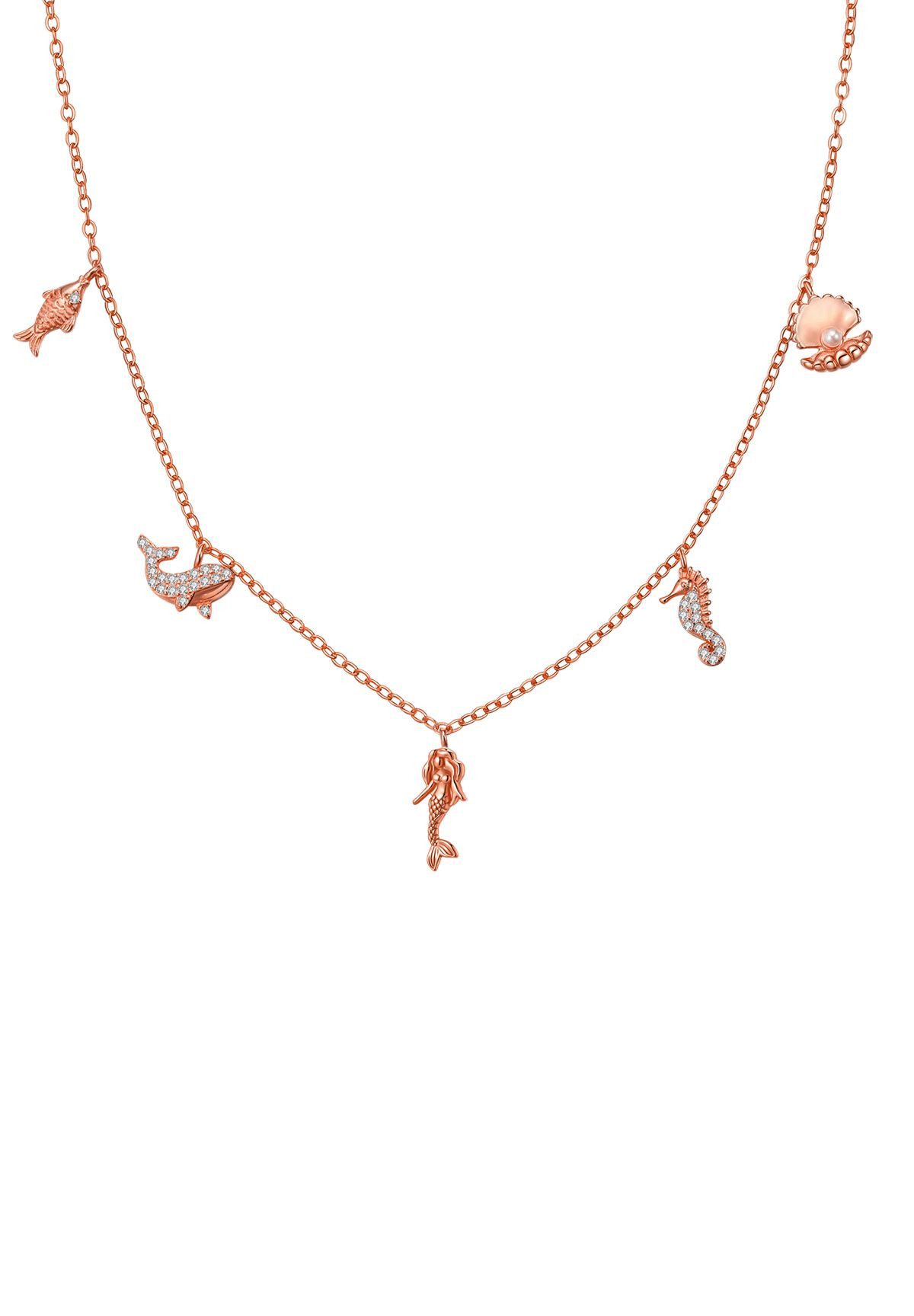 Hey Happiness Charm-Kette mit maritimen Anhängern, mit Zirkonia, Damen Silberkette aus 925 Silber vergoldet, Meer-Motiven