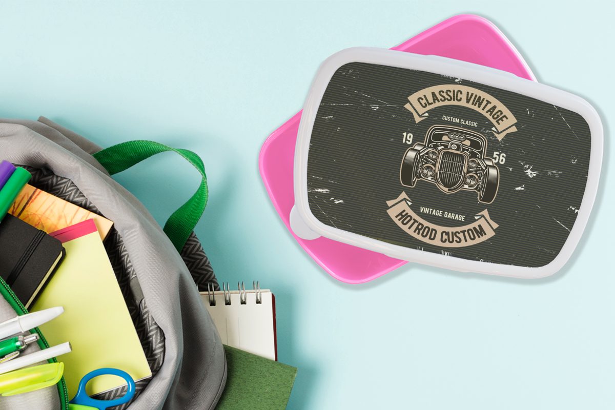 Mädchen, Oldtimer Snackbox, rosa Erwachsene, Kinder, Kunststoff Lunchbox (2-tlg), Kunststoff, für Zeichnung, - Brotbox Brotdose MuchoWow