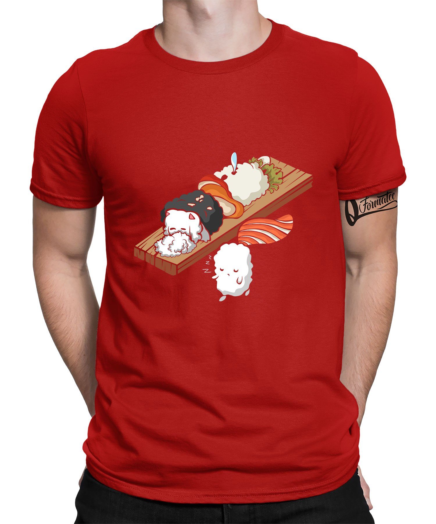Quattro Formatee Kurzarmshirt - (1-tlg) Anime T-Shirt Sushi Ästhetik Rot Japan Sleep Herren Walking