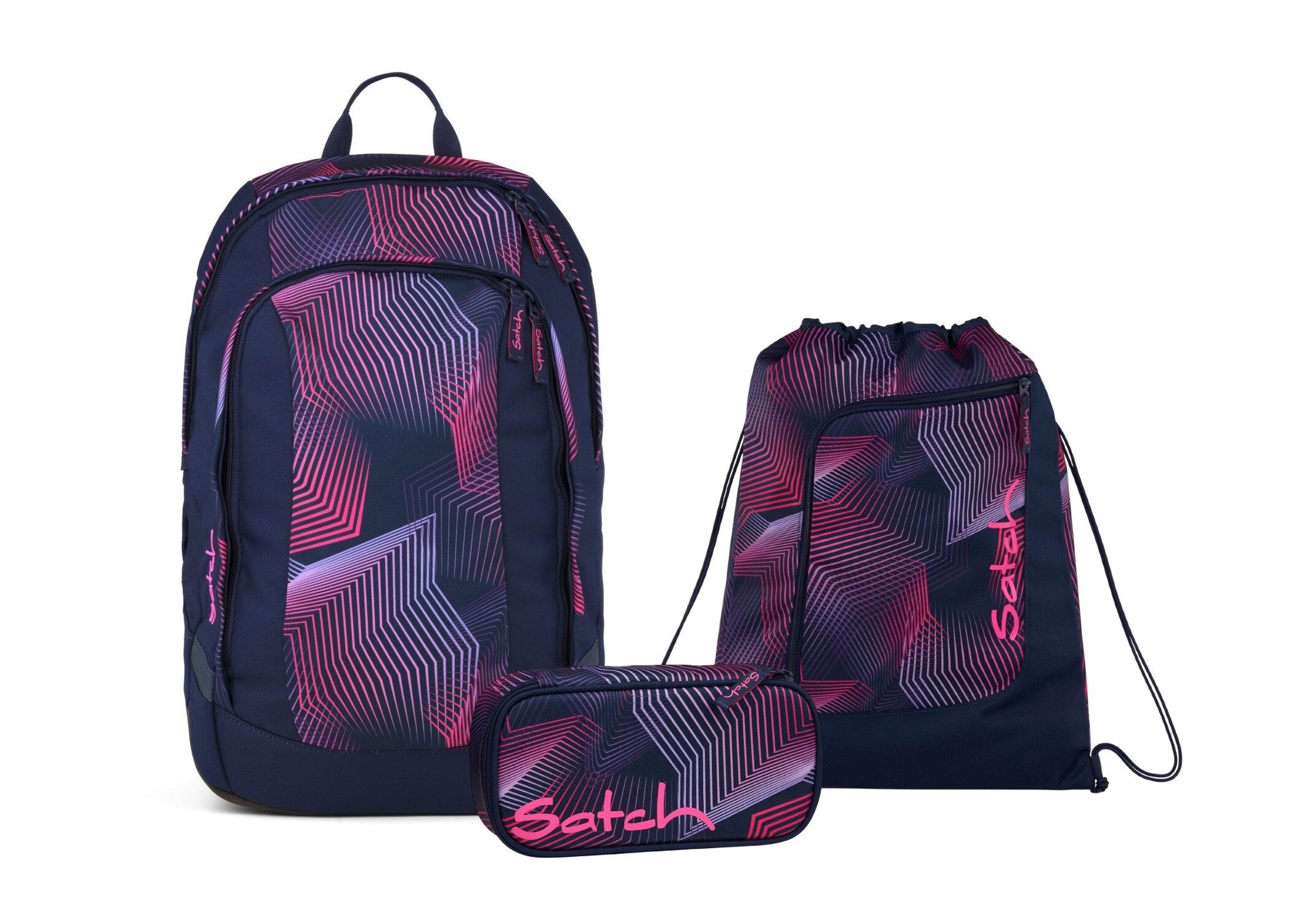 Satch Schulranzen Schulrucksack-Set AIR Seismic Pink 3-teilig (3-teilig), Schulranzen, ergonomisch, Laptop-Fach, Your-Size-System