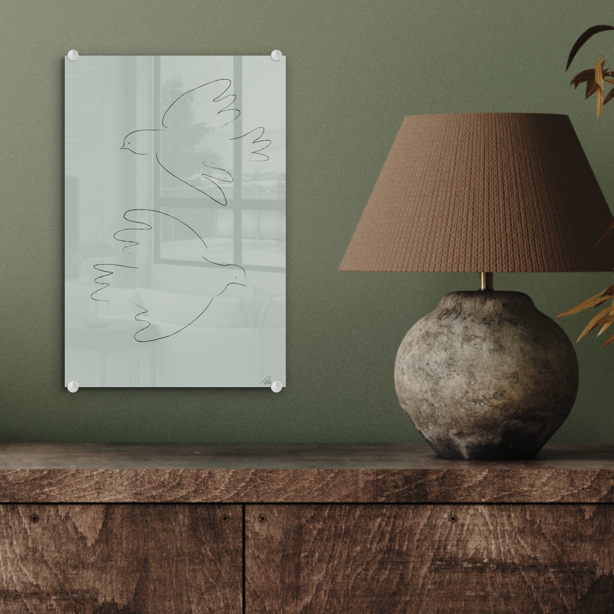 Strichzeichnung, Tiere - Wanddekoration Tauben - Glas Glas Glasbilder Bilder - Acrylglasbild Grün MuchoWow - - auf (1 - St), Foto - Vögel auf Wandbild