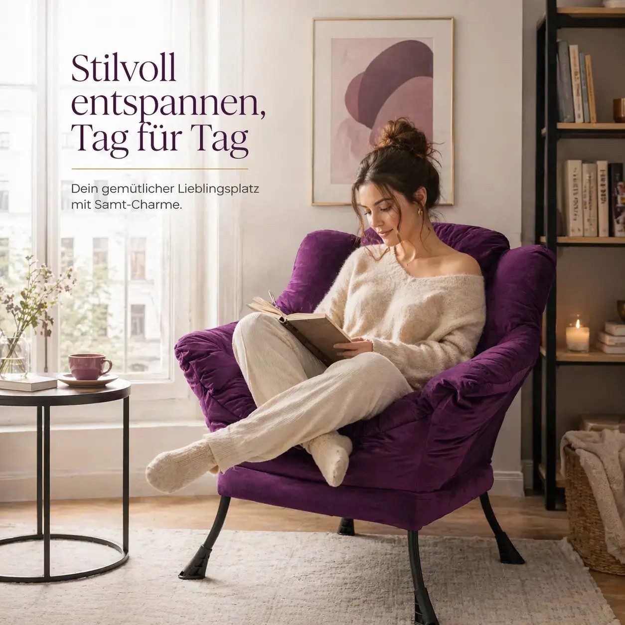 ANYSUN Loungesessel Relaxsessel aus Samt mit Nackenstütze, ergonomisch weich gepolstert (Sessel mit optionalem Fußhocker, Relaxsessel), Kompakter Relaxsessel 75 x 80 x 85 cm, wahlweise mit Fußhocker